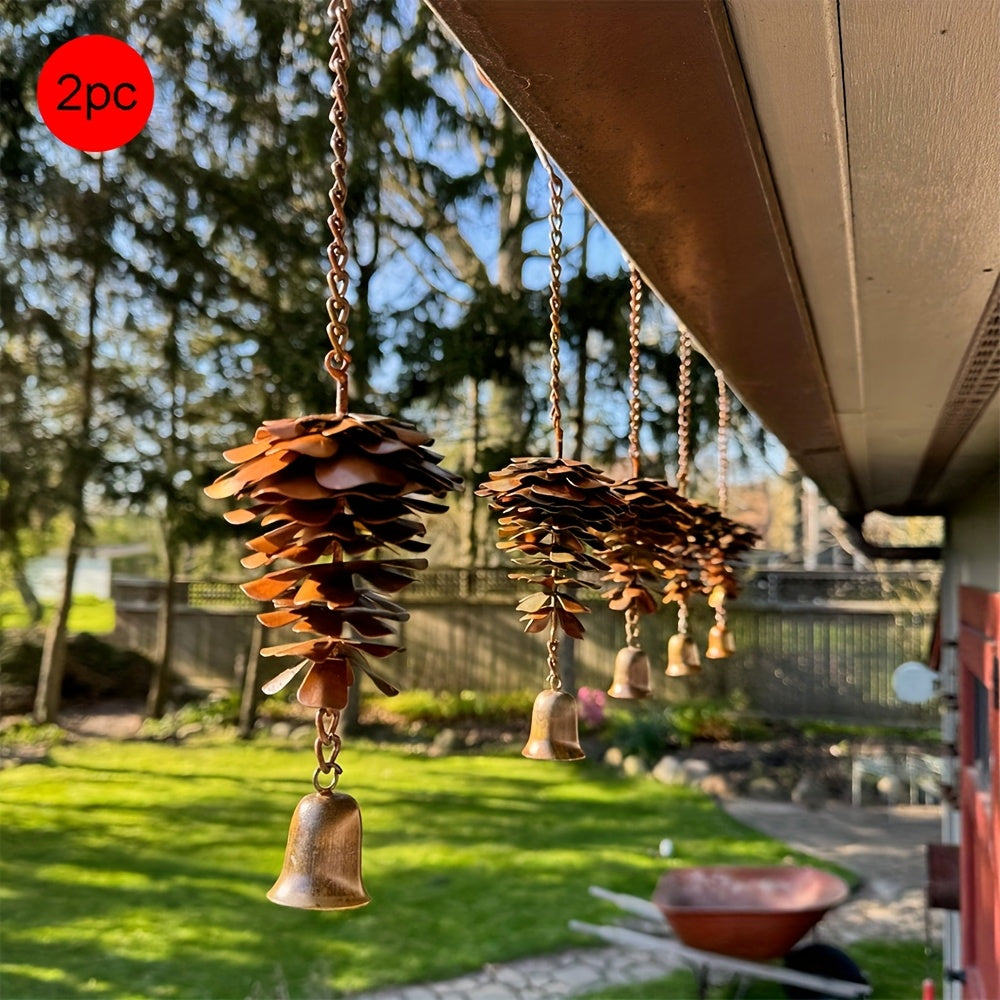 2pc Metal Pine Cone Wind Chime with Bells – Rustic Hanging Outdoor Decoration | Great for Fall and Christmas