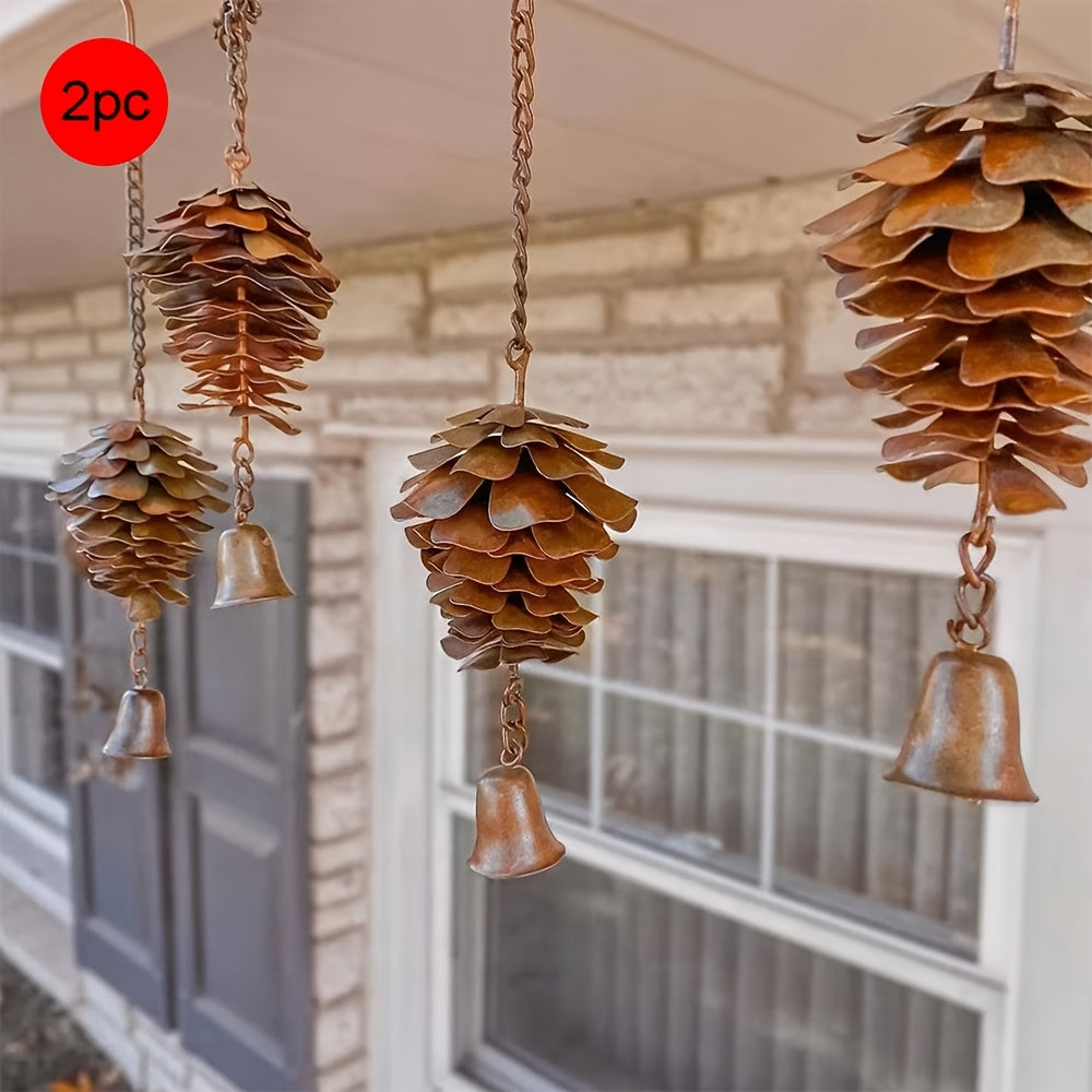 2pc Metal Pine Cone Wind Chime with Bells – Rustic Hanging Outdoor Decoration | Great for Fall and Christmas