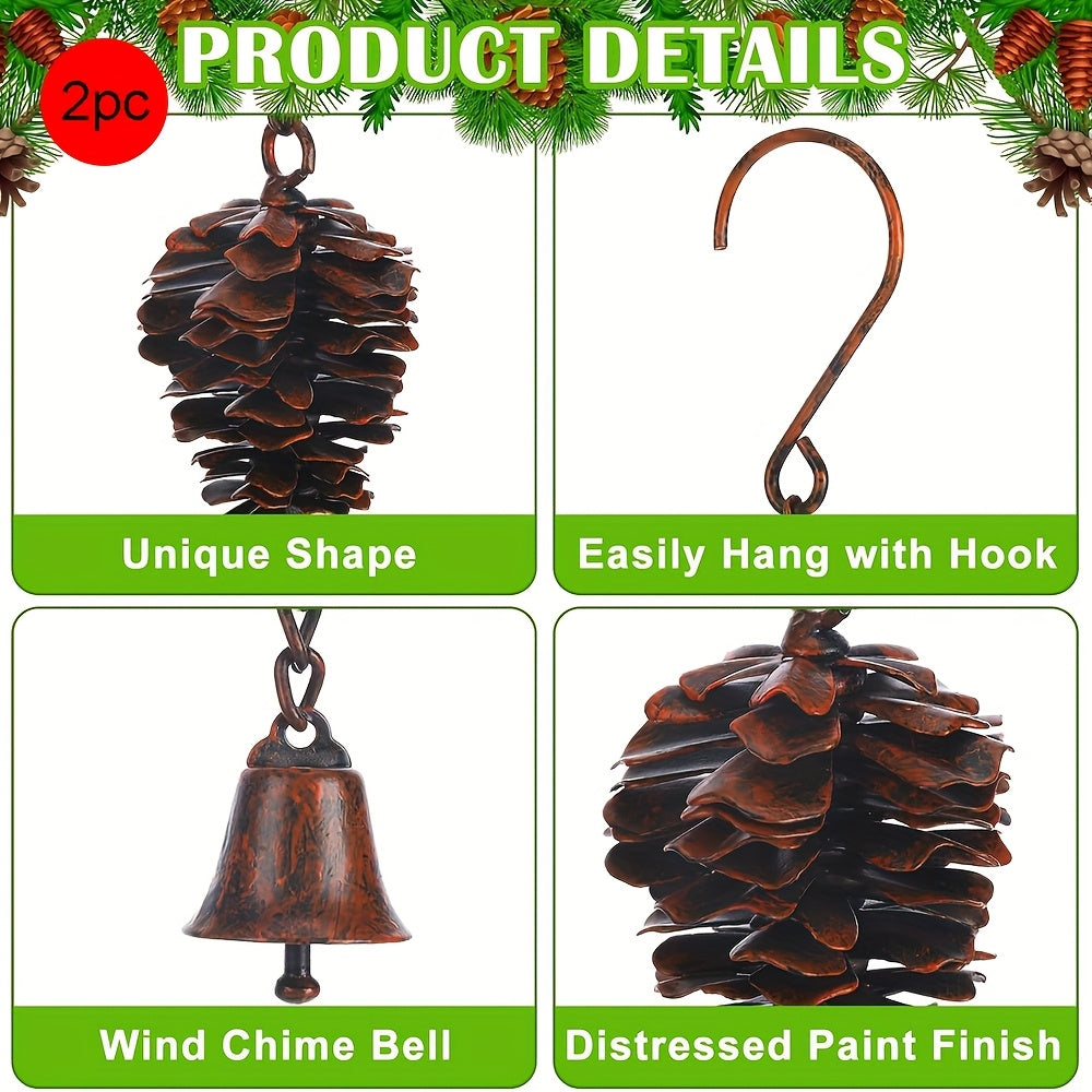 2pc Metal Pine Cone Wind Chime with Bells – Rustic Hanging Outdoor Decoration | Great for Fall and Christmas