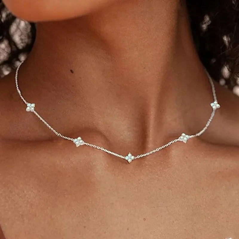 925 Sterling Silver Four-leaf Flower Necklace for Women Girls Luxury Adjustable Link Chain Necklace 18k Gold Jewelry Party Gifts