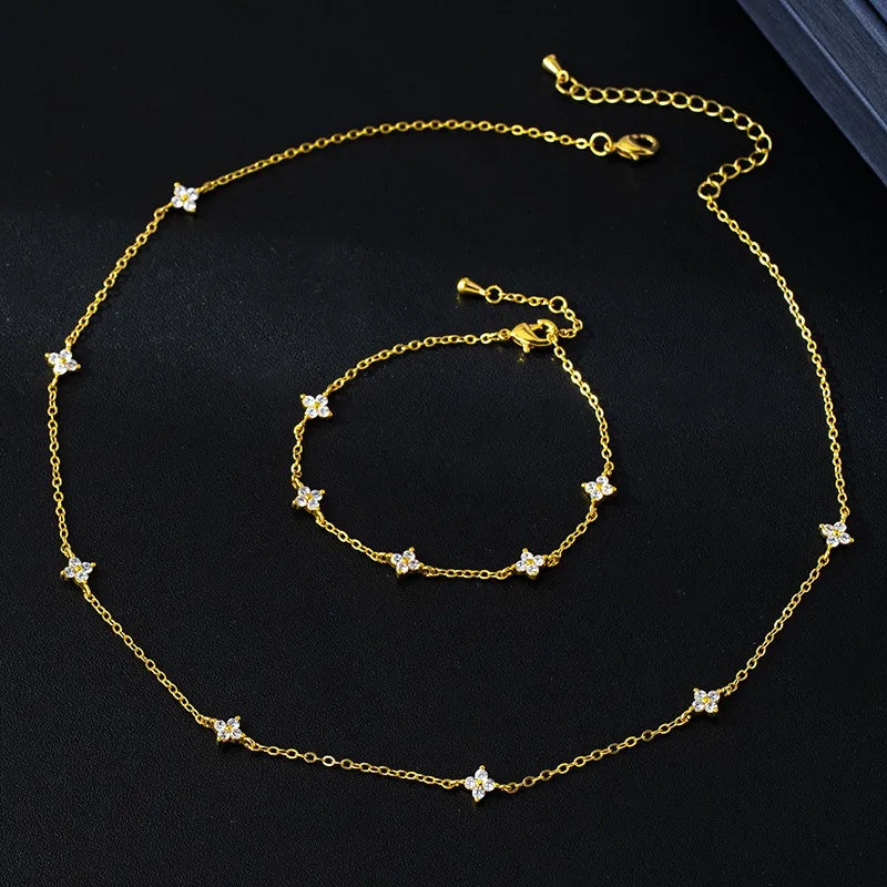 925 Sterling Silver Four-leaf Flower Necklace for Women Girls Luxury Adjustable Link Chain Necklace 18k Gold Jewelry Party Gifts
