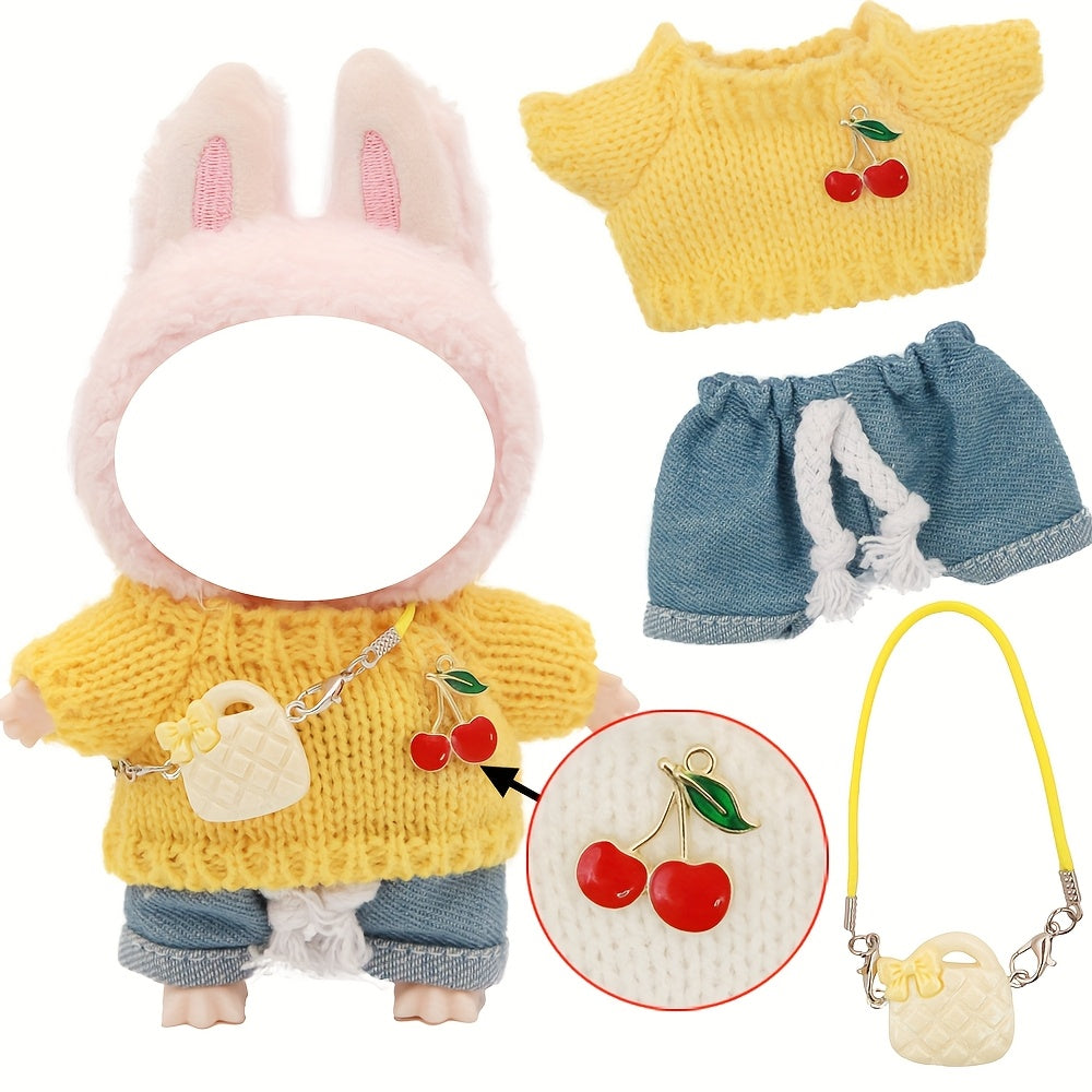 LABUBU 6.69inch Doll Outfit Set with Bunny Ears & Heart Patterns - Soft Pastel Colors (Pink, Green, Yellow, Purple, Orange, Red, Brown for labubu, Doll Clothes, Doll Clothes Set