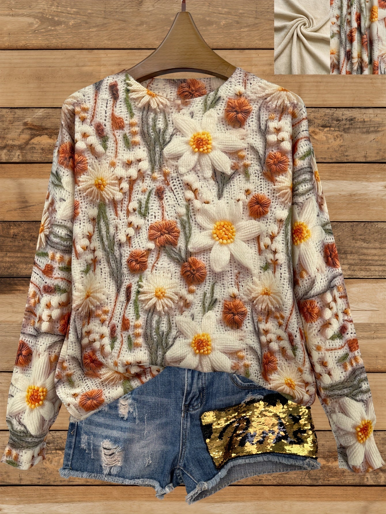 Women'S Lightweight Floral Sweater - All-Over Print Round Neck Long Sleeve Casual Chic Top, Soft Breathable Fabric, Regular Fit for All-Season Wear, Cute Sweater, Versatile Fashion, Elegant Knitwear, Durable Knitwear, Everyda