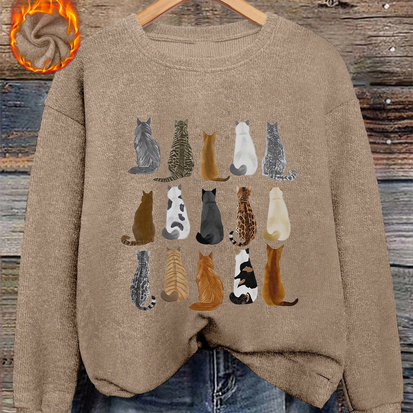Women'S Print Sweater - Brown & Tabby Design with Tabby Faces, Soft Round Neck Pullover Sweater for Fall/Winter, Cozy Casual Everyday & Formal Outfits, Fall Winter Apparel, Fall Fashion, Animal Print Top, Fall Wardrobe, Styli