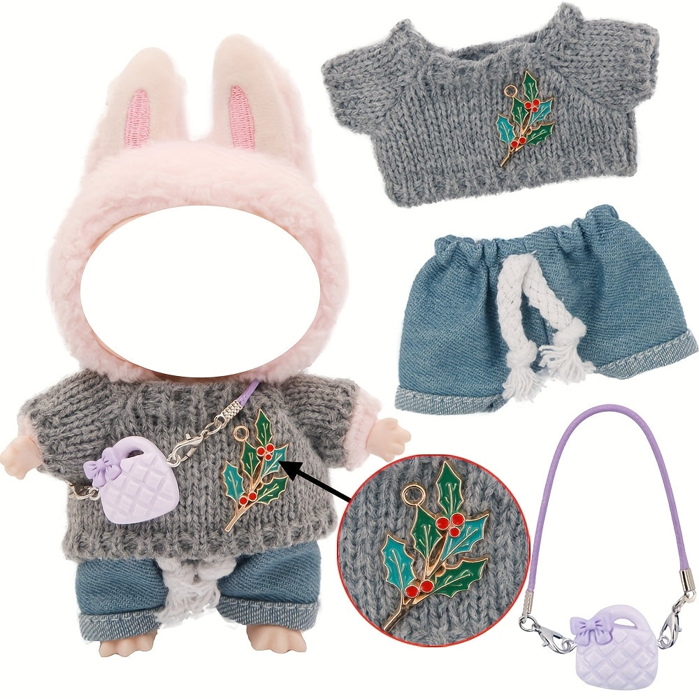 LABUBU 6.69inch Doll Outfit Set with Bunny Ears & Heart Patterns - Soft Pastel Colors (Pink, Green, Yellow, Purple, Orange, Red, Brown for labubu, Doll Clothes, Doll Clothes Set