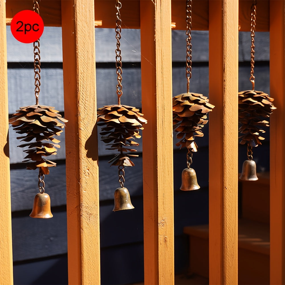 2pc Metal Pine Cone Wind Chime with Bells – Rustic Hanging Outdoor Decoration | Great for Fall and Christmas