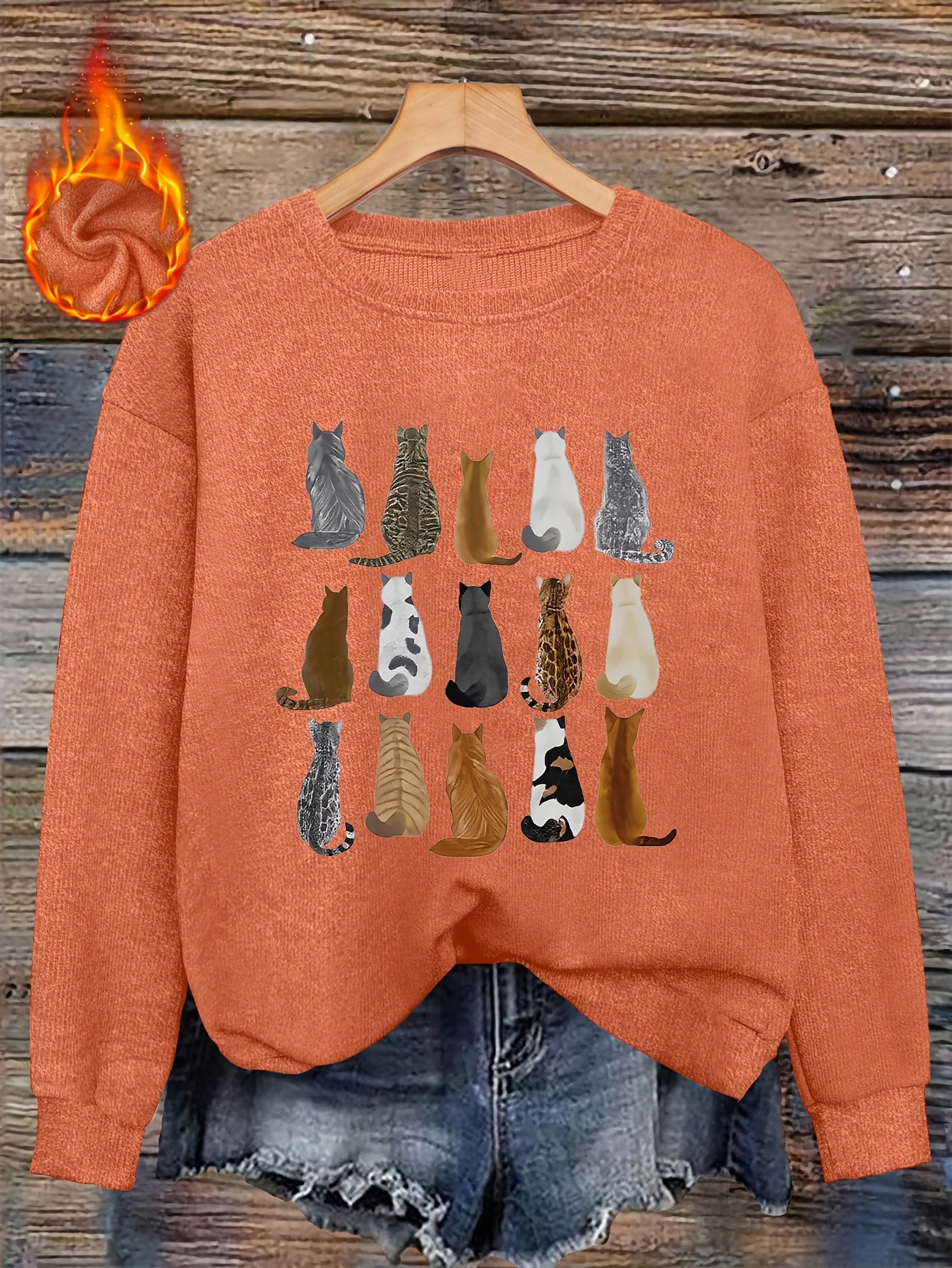 Women'S Print Sweater - Brown & Tabby Design with Tabby Faces, Soft Round Neck Pullover Sweater for Fall/Winter, Cozy Casual Everyday & Formal Outfits, Fall Winter Apparel, Fall Fashion, Animal Print Top, Fall Wardrobe, Styli