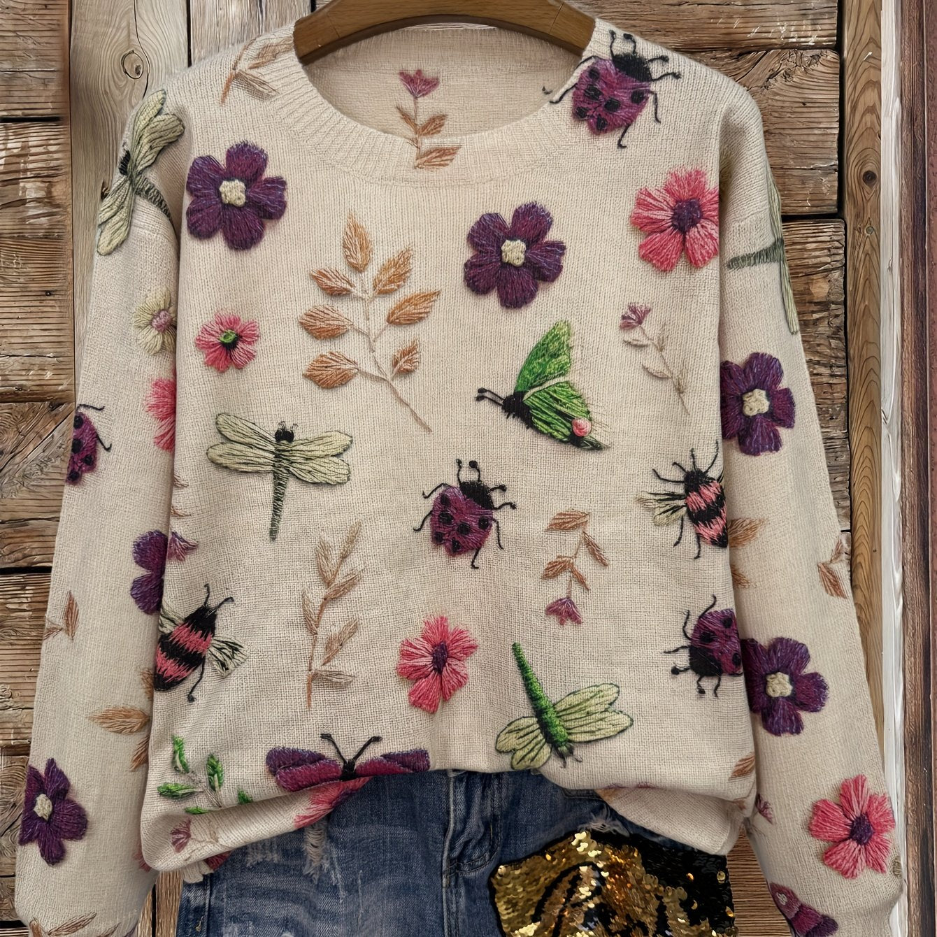 (2d Digital Printing) [All-Over Print] [Lightweight] [Sweater] All-Over Print Insects Printing Lightweight Knit, Casual Crew Neck Long Sleeve Sweater, Women's Clothing