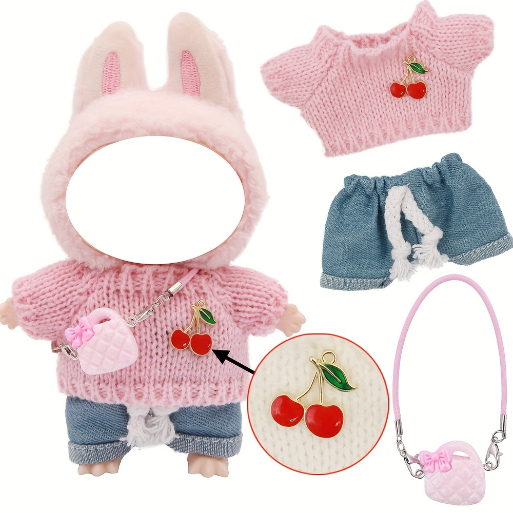 LABUBU 6.69inch Doll Outfit Set with Bunny Ears & Heart Patterns - Soft Pastel Colors (Pink, Green, Yellow, Purple, Orange, Red, Brown for labubu, Doll Clothes, Doll Clothes Set