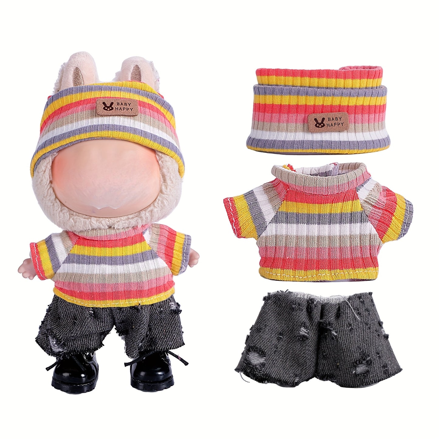 6.69inch Labubu Doll Clothes for buLabu with 3 Outfits - Stylish Fisherman Hat & Sweaters & Pants or skirt Set for 6.69inch Dolls, Adorable buLabu Accessories for Play & Display (Not Included shoes & Doll)