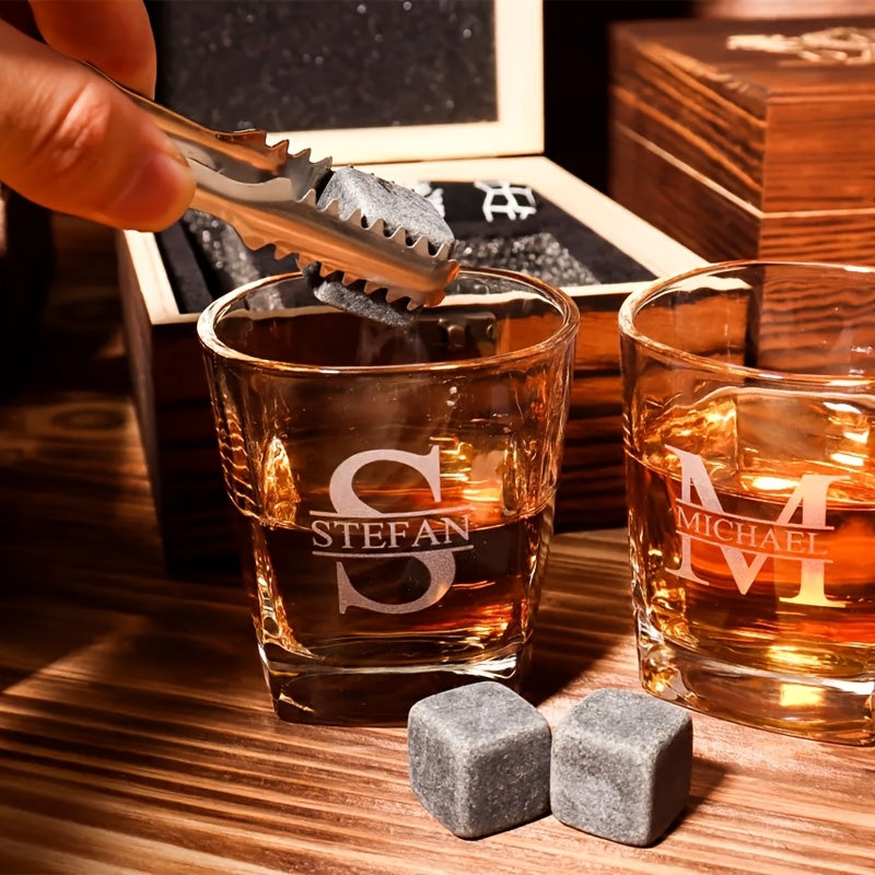 Personalized Whiskey Glasses Set with Wooden Box, Groomsmen Gifts, Best for Man Gift, Father Gifts, Boyfriend Gift, Bachelor Party Gifts for Men