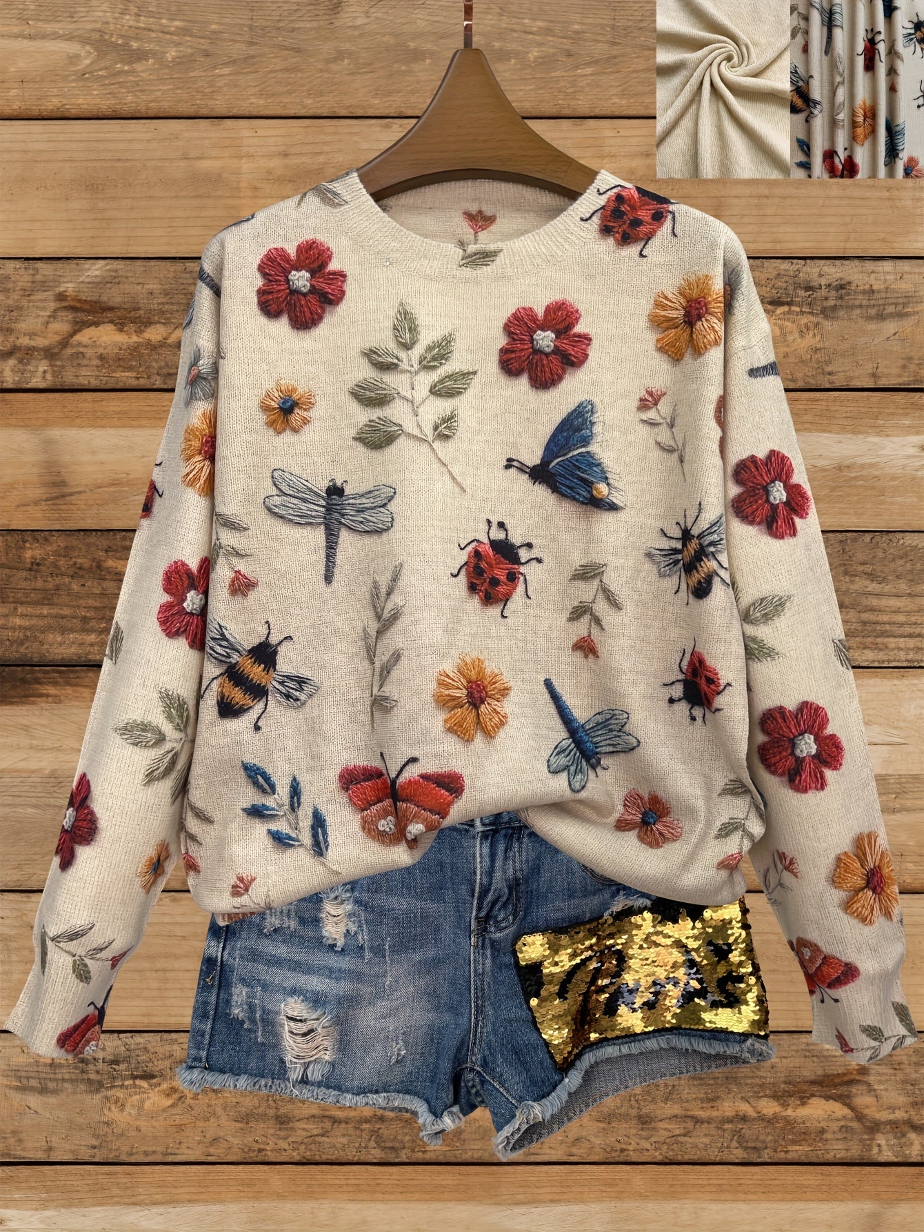 (2d Digital Printing) [All-Over Print] [Lightweight] [Sweater] All-Over Print Insects Printing Lightweight Knit, Casual Crew Neck Long Sleeve Sweater, Women's Clothing