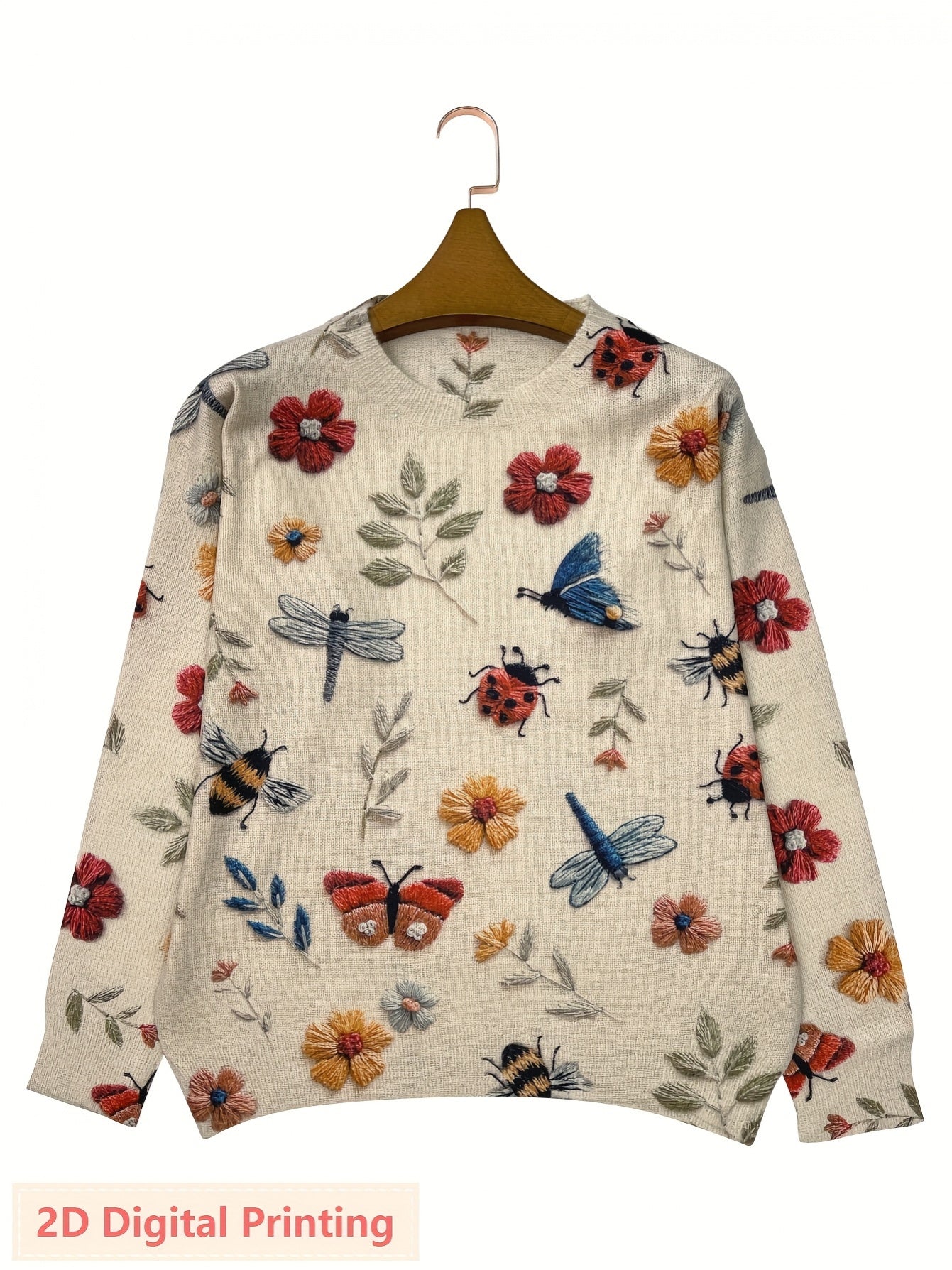 Women's Lightweight All-Over Insect Print Sweater - Ladybug, Bee & Pattern Cardigan with Beige & Tones, Casual Round Neck Long Sleeve Blouse for Spring Summer Fall Layering (No Belt/Hem Adjustments)