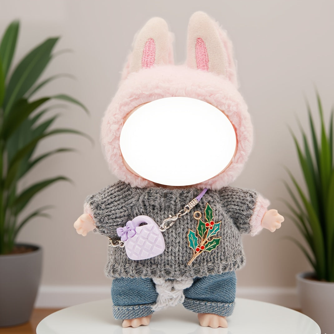 LABUBU 6.69inch Doll Outfit Set with Bunny Ears & Heart Patterns - Soft Pastel Colors (Pink, Green, Yellow, Purple, Orange, Red, Brown for labubu, Doll Clothes, Doll Clothes Set