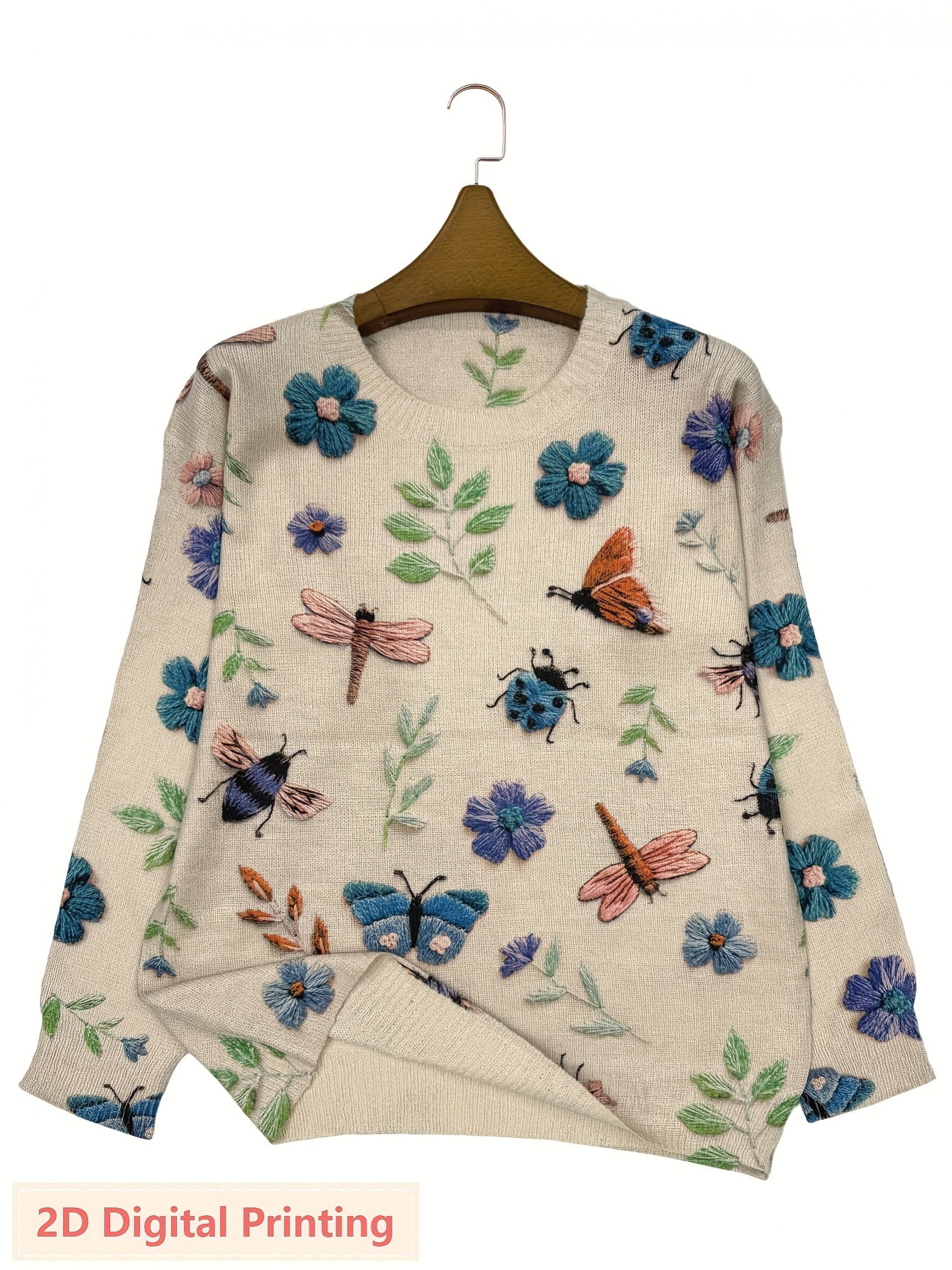 Women's Lightweight All-Over Insect Print Sweater - Ladybug, Bee & Pattern Cardigan with Beige & Tones, Casual Round Neck Long Sleeve Blouse for Spring Summer Fall Layering (No Belt/Hem Adjustments)
