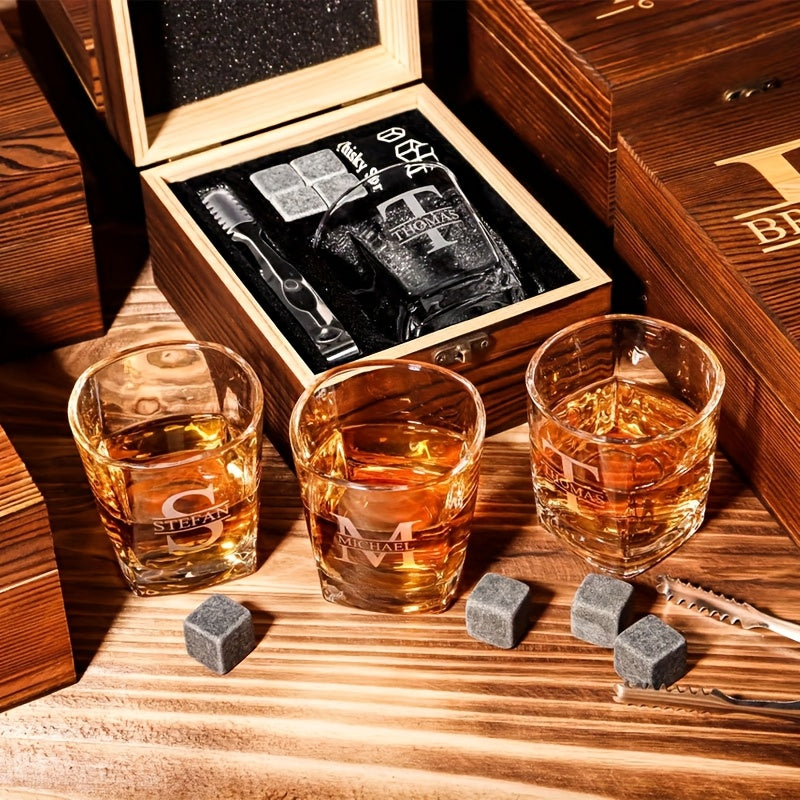 Personalized Whiskey Glasses Set with Wooden Box, Groomsmen Gifts, Best for Man Gift, Father Gifts, Boyfriend Gift, Bachelor Party Gifts for Men