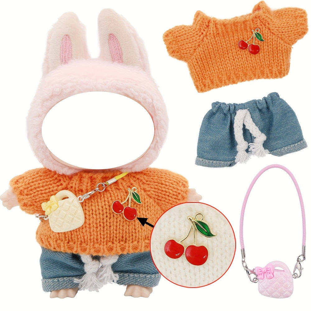 LABUBU 6.69inch Doll Outfit Set with Bunny Ears & Heart Patterns - Soft Pastel Colors (Pink, Green, Yellow, Purple, Orange, Red, Brown for labubu, Doll Clothes, Doll Clothes Set