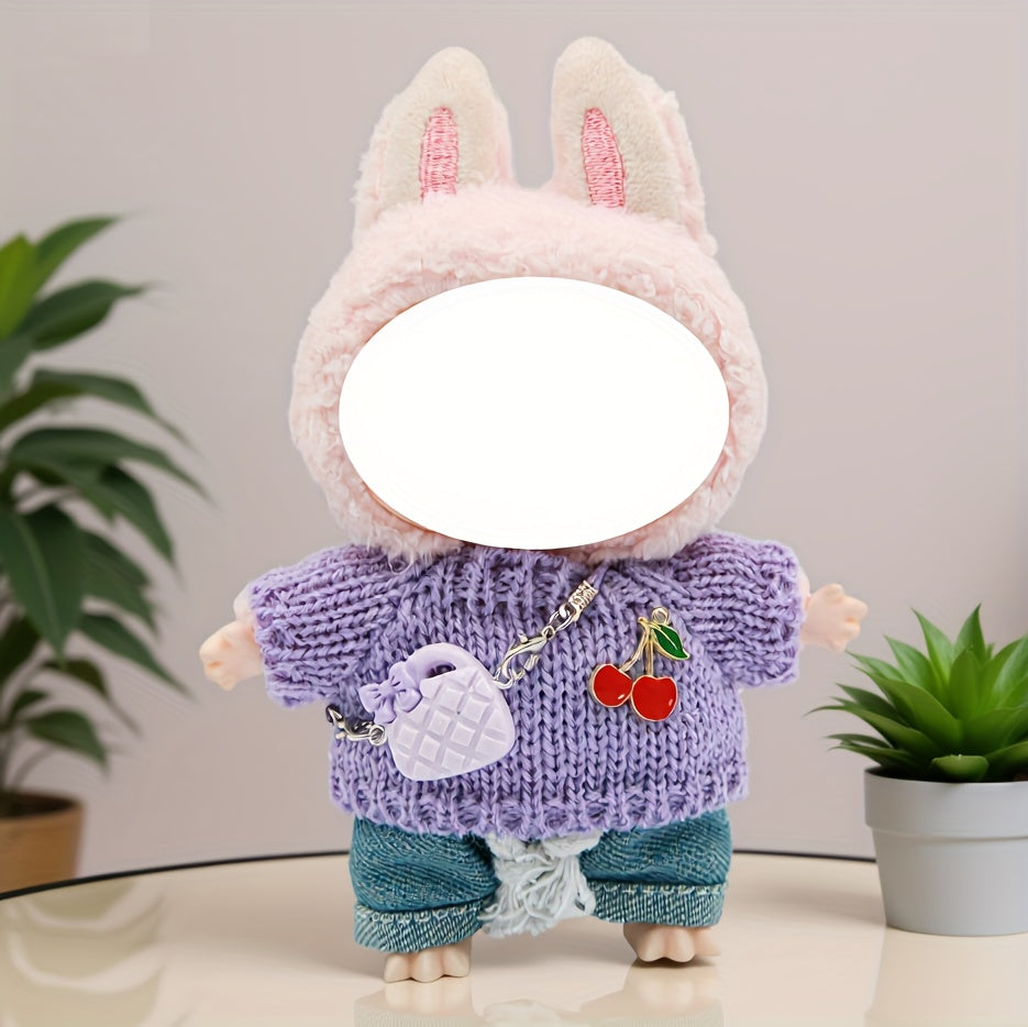 LABUBU 6.69inch Doll Outfit Set with Bunny Ears & Heart Patterns - Soft Pastel Colors (Pink, Green, Yellow, Purple, Orange, Red, Brown for labubu, Doll Clothes, Doll Clothes Set