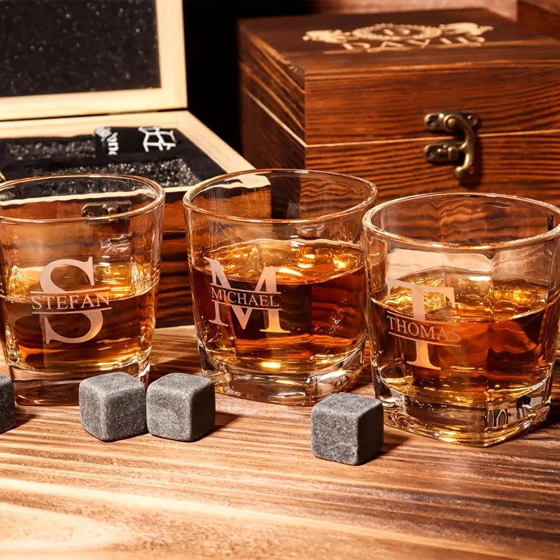 Personalized Whiskey Glasses Set with Wooden Box, Groomsmen Gifts, Best for Man Gift, Father Gifts, Boyfriend Gift, Bachelor Party Gifts for Men