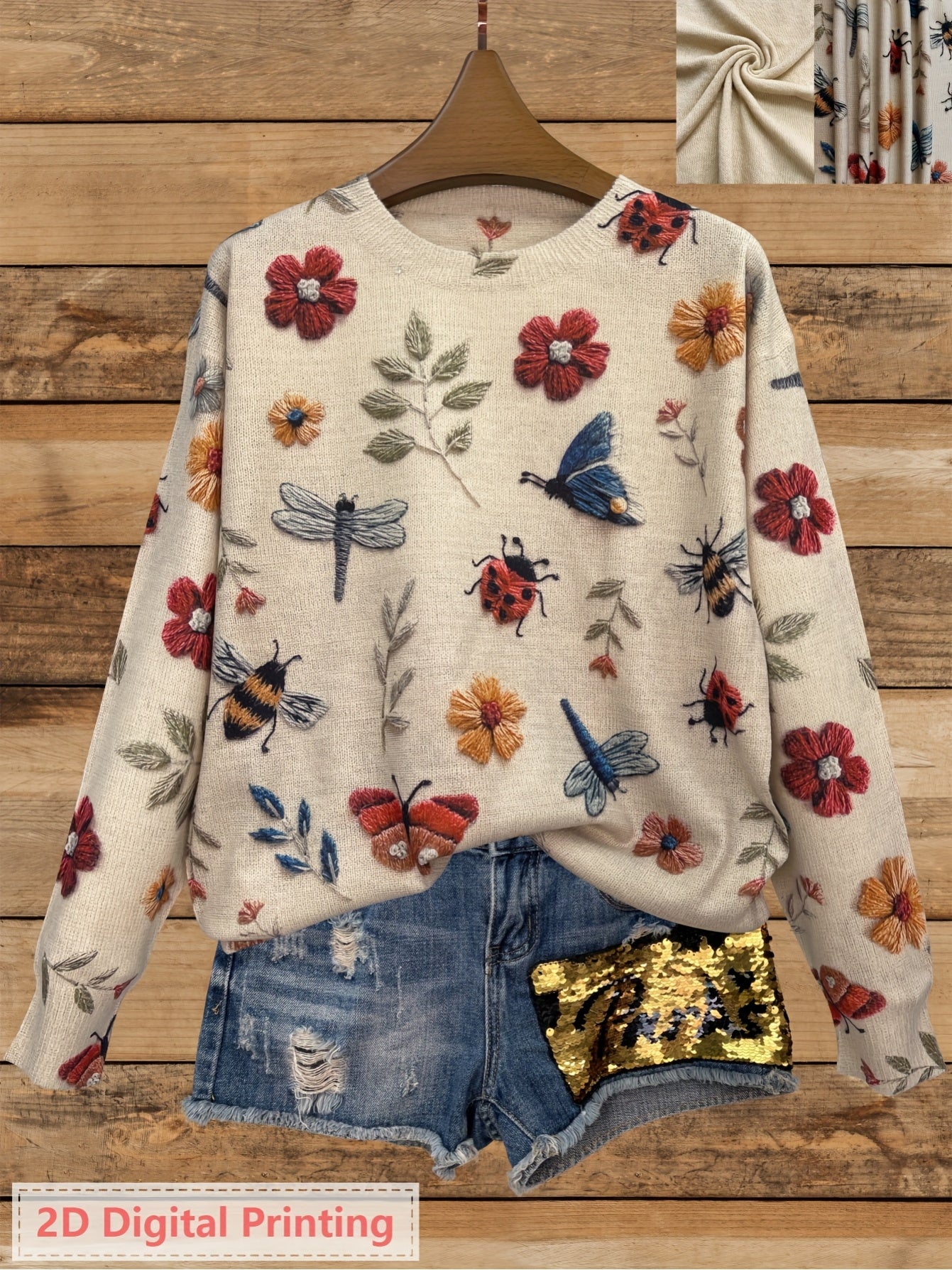 Women's Lightweight All-Over Insect Print Sweater - Ladybug, Bee & Pattern Cardigan with Beige & Tones, Casual Round Neck Long Sleeve Blouse for Spring Summer Fall Layering (No Belt/Hem Adjustments)