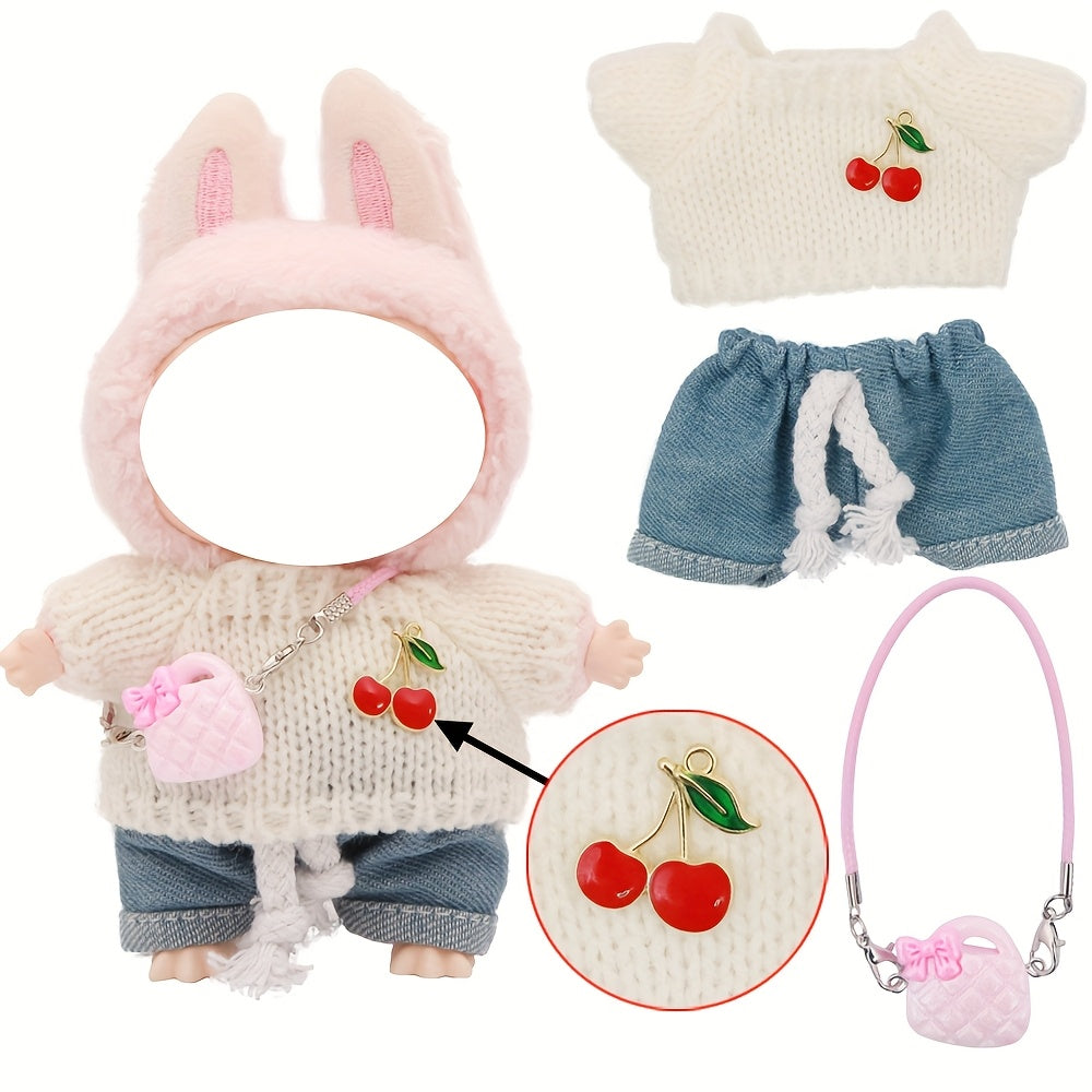 LABUBU 6.69inch Doll Outfit Set with Bunny Ears & Heart Patterns - Soft Pastel Colors (Pink, Green, Yellow, Purple, Orange, Red, Brown for labubu, Doll Clothes, Doll Clothes Set