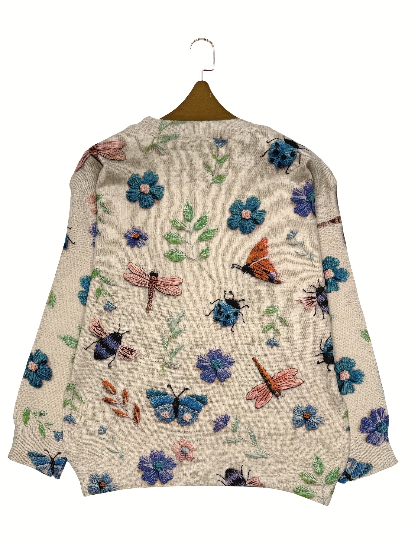 (2d Digital Printing) [All-Over Print] [Lightweight] [Sweater] All-Over Print Insects Printing Lightweight Knit, Casual Crew Neck Long Sleeve Sweater, Women's Clothing