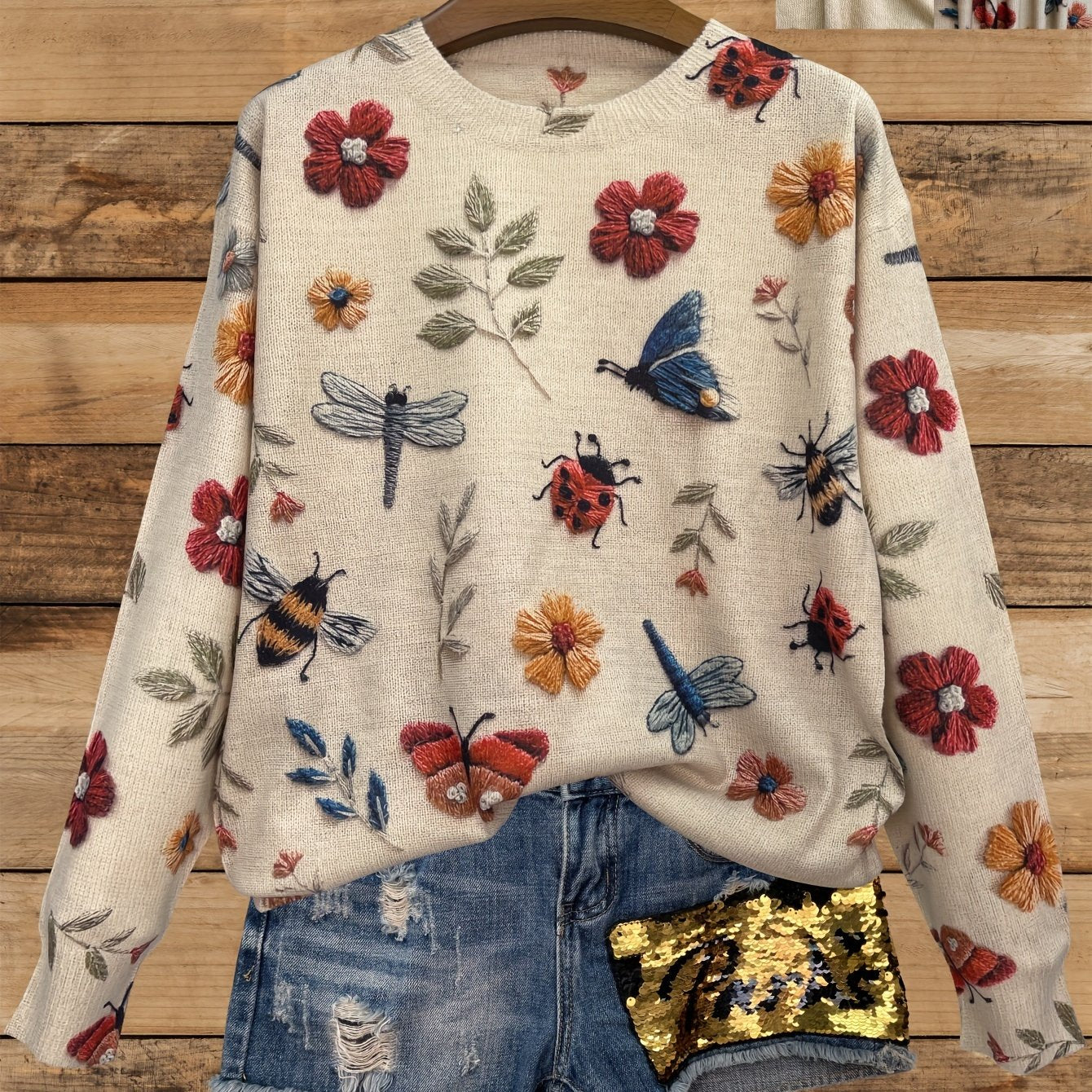 (2d Digital Printing) [All-Over Print] [Lightweight] [Sweater] All-Over Print Insects Printing Lightweight Knit, Casual Crew Neck Long Sleeve Sweater, Women's Clothing