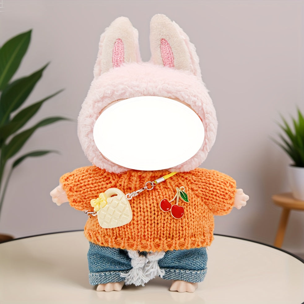LABUBU 6.69inch Doll Outfit Set with Bunny Ears & Heart Patterns - Soft Pastel Colors (Pink, Green, Yellow, Purple, Orange, Red, Brown for labubu, Doll Clothes, Doll Clothes Set