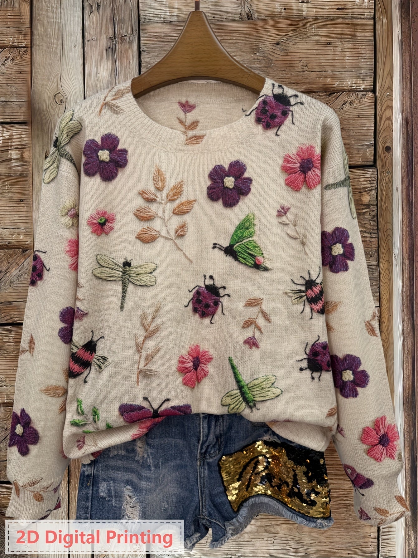 Women's Lightweight All-Over Insect Print Sweater - Ladybug, Bee & Pattern Cardigan with Beige & Tones, Casual Round Neck Long Sleeve Blouse for Spring Summer Fall Layering (No Belt/Hem Adjustments)