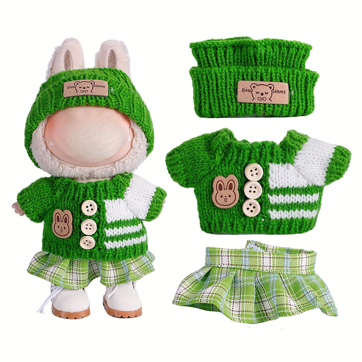 6.69inch Labubu Doll Clothes for buLabu with 3 Outfits - Stylish Fisherman Hat & Sweaters & Pants or skirt Set for 6.69inch Dolls, Adorable buLabu Accessories for Play & Display (Not Included shoes & Doll)