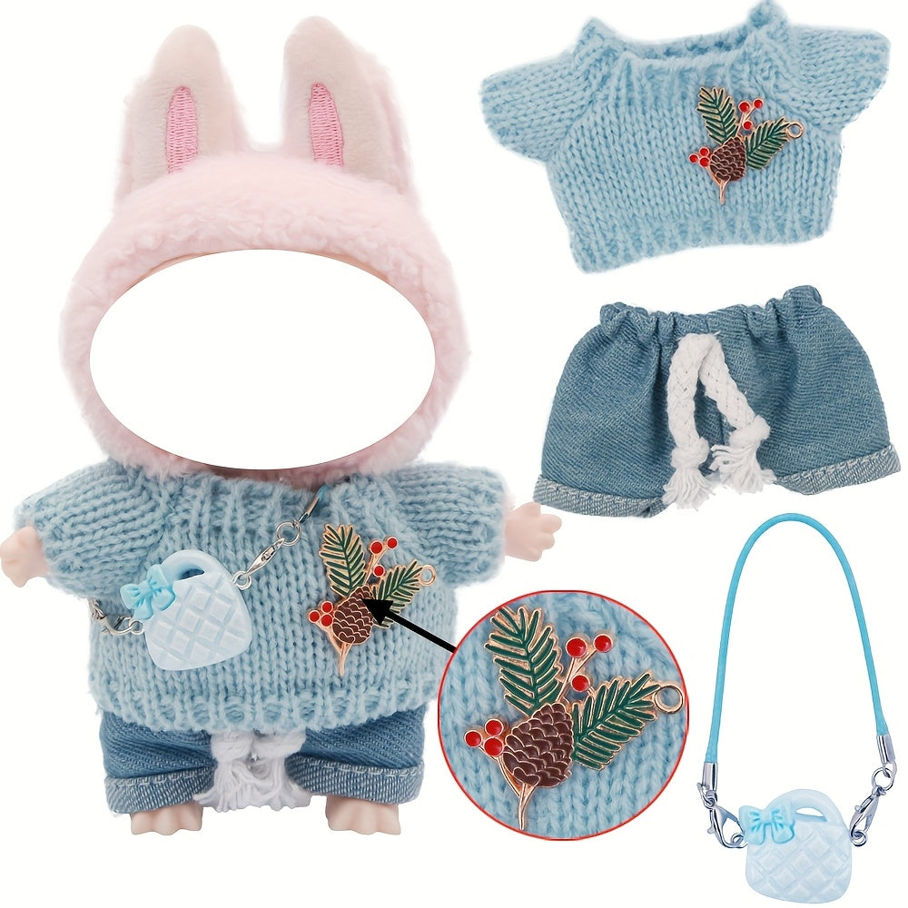 LABUBU 6.69inch Doll Outfit Set with Bunny Ears & Heart Patterns - Soft Pastel Colors (Pink, Green, Yellow, Purple, Orange, Red, Brown for labubu, Doll Clothes, Doll Clothes Set