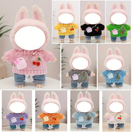 LABUBU 6.69inch Doll Outfit Set with Bunny Ears & Heart Patterns - Soft Pastel Colors (Pink, Green, Yellow, Purple, Orange, Red, Brown for labubu, Doll Clothes, Doll Clothes Set
