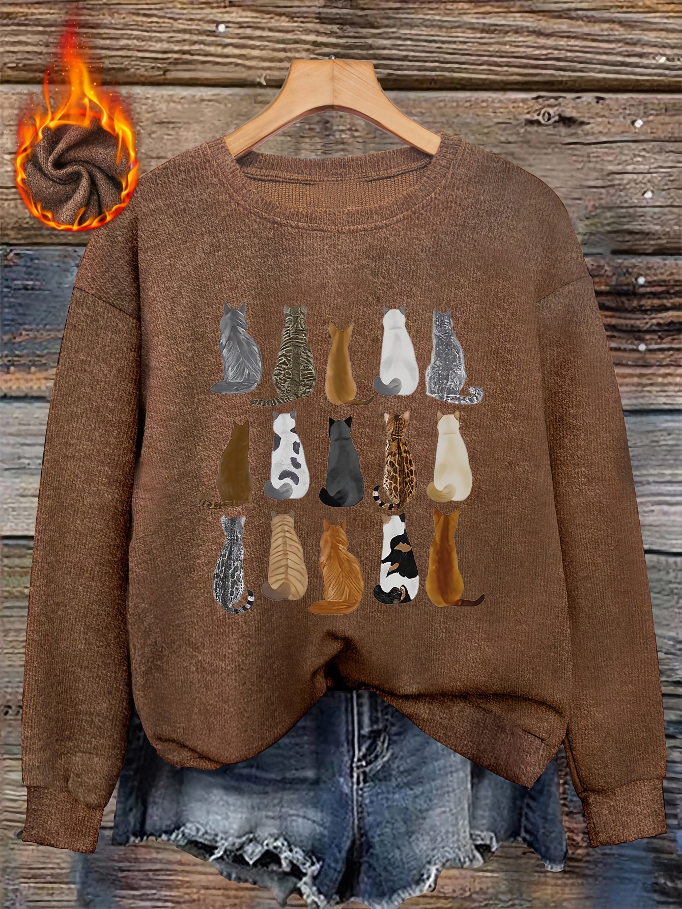 Women'S Print Sweater - Brown & Tabby Design with Tabby Faces, Soft Round Neck Pullover Sweater for Fall/Winter, Cozy Casual Everyday & Formal Outfits, Fall Winter Apparel, Fall Fashion, Animal Print Top, Fall Wardrobe, Styli