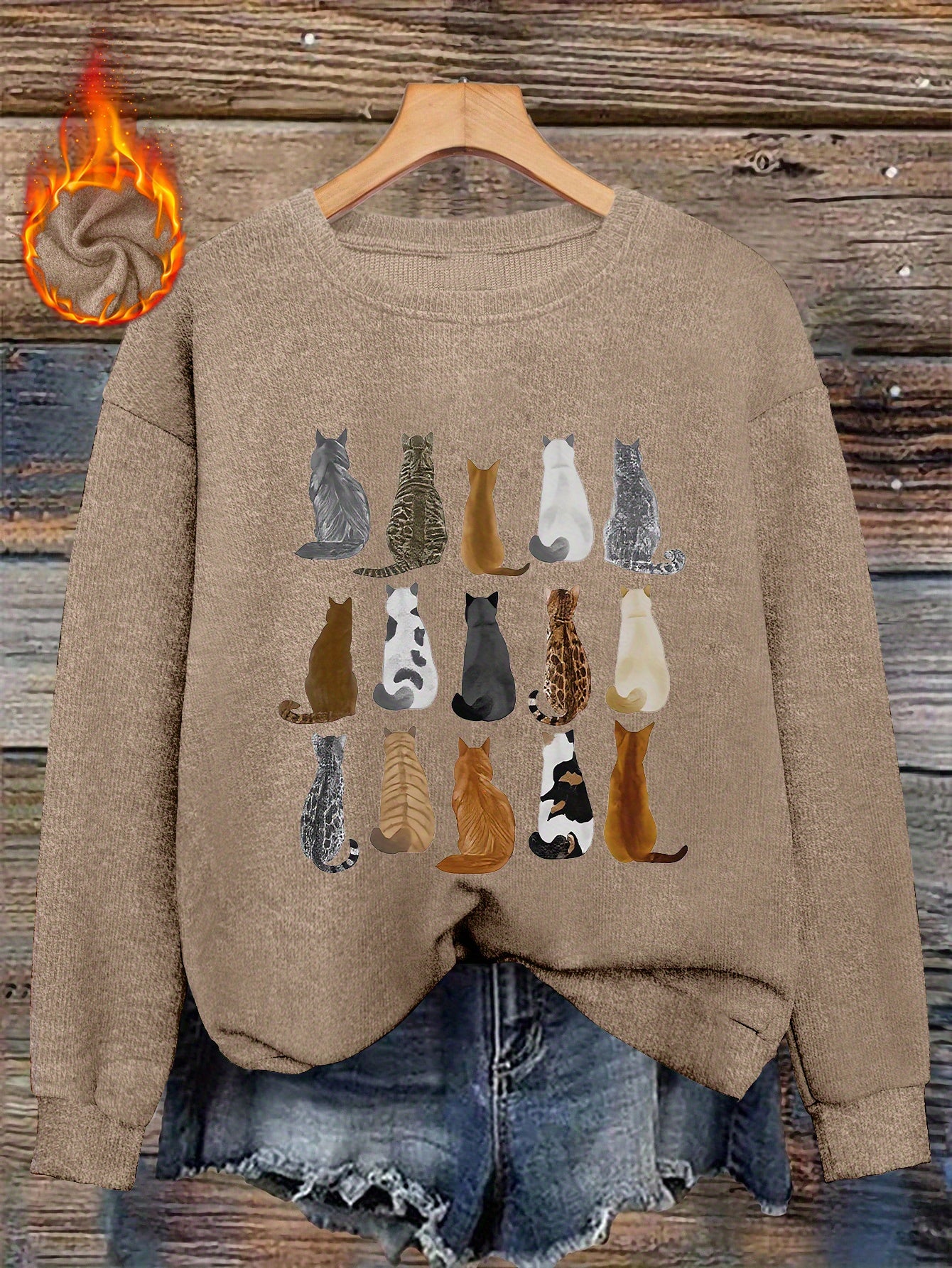 Women'S Print Sweater - Brown & Tabby Design with Tabby Faces, Soft Round Neck Pullover Sweater for Fall/Winter, Cozy Casual Everyday & Formal Outfits, Fall Winter Apparel, Fall Fashion, Animal Print Top, Fall Wardrobe, Styli