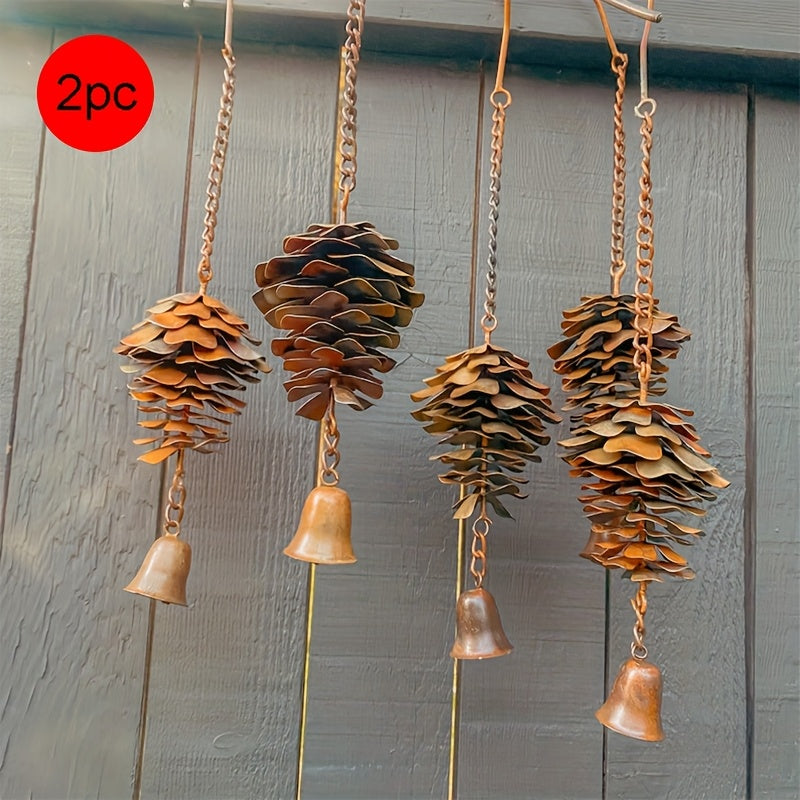 2pc Metal Pine Cone Wind Chime with Bells – Rustic Hanging Outdoor Decoration | Great for Fall and Christmas