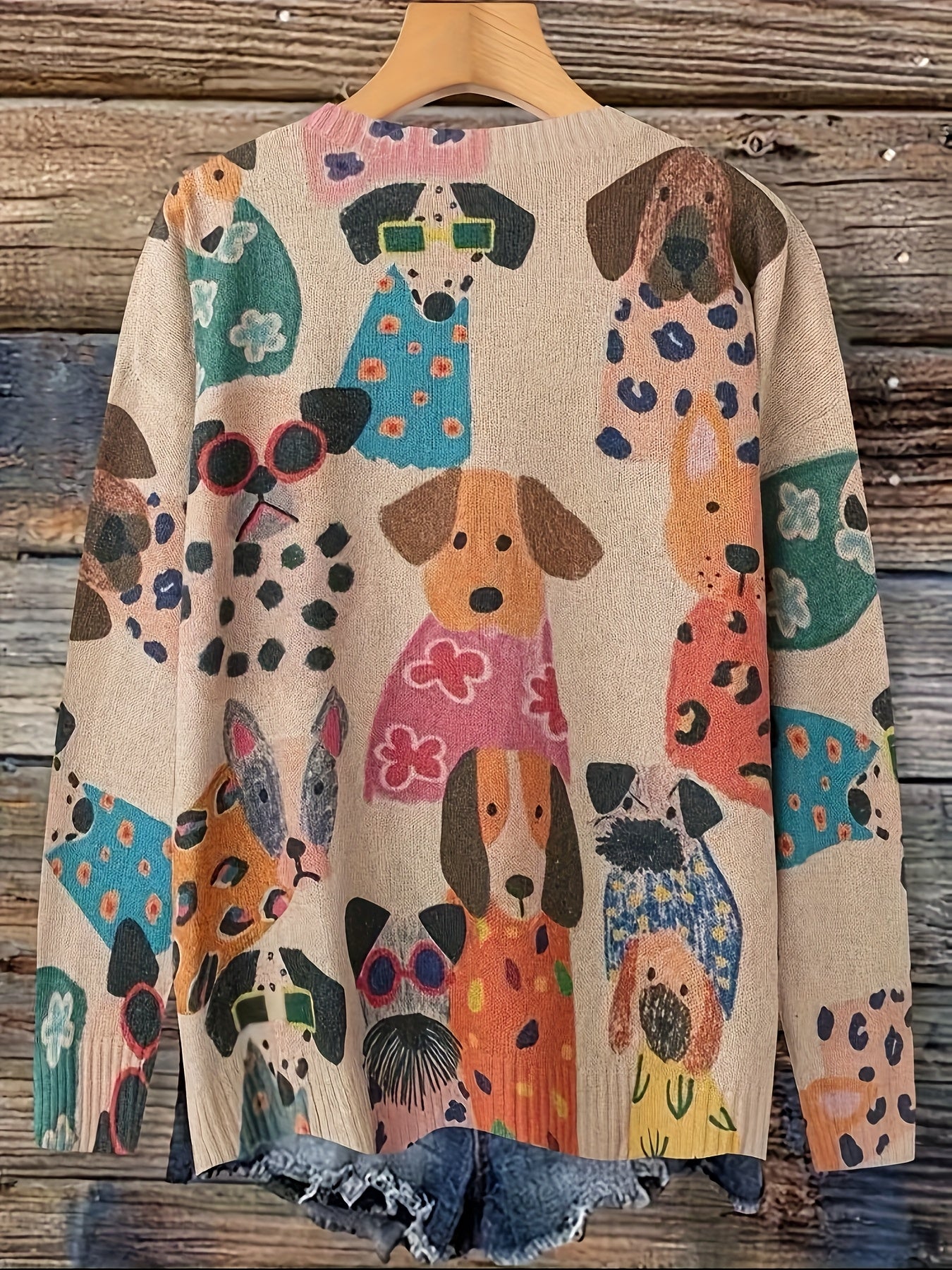 Women'S Oversized Dog Print Sweater - & Brown Animal Pattern Long Sleeve Pullover, Soft Round Neck Sweater for Everyday & Formal Outfits, Fashion Lovers, Stylish Top, Cozy Material, Trendy Design, Fall Wardrobe, Casual Winter