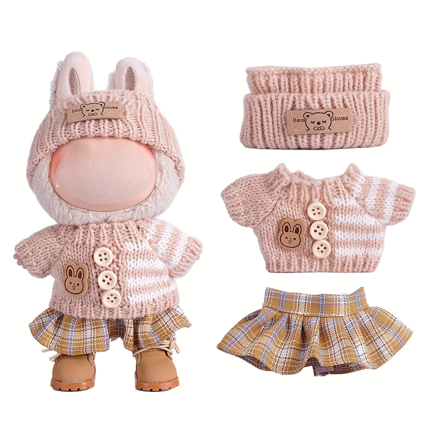 6.69inch Labubu Doll Clothes for buLabu with 3 Outfits - Stylish Fisherman Hat & Sweaters & Pants or skirt Set for 6.69inch Dolls, Adorable buLabu Accessories for Play & Display (Not Included shoes & Doll)