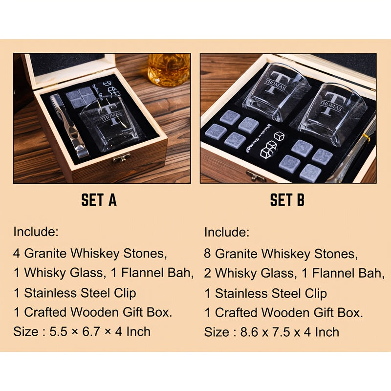 Personalized Whiskey Glasses Set with Wooden Box, Groomsmen Gifts, Best for Man Gift, Father Gifts, Boyfriend Gift, Bachelor Party Gifts for Men