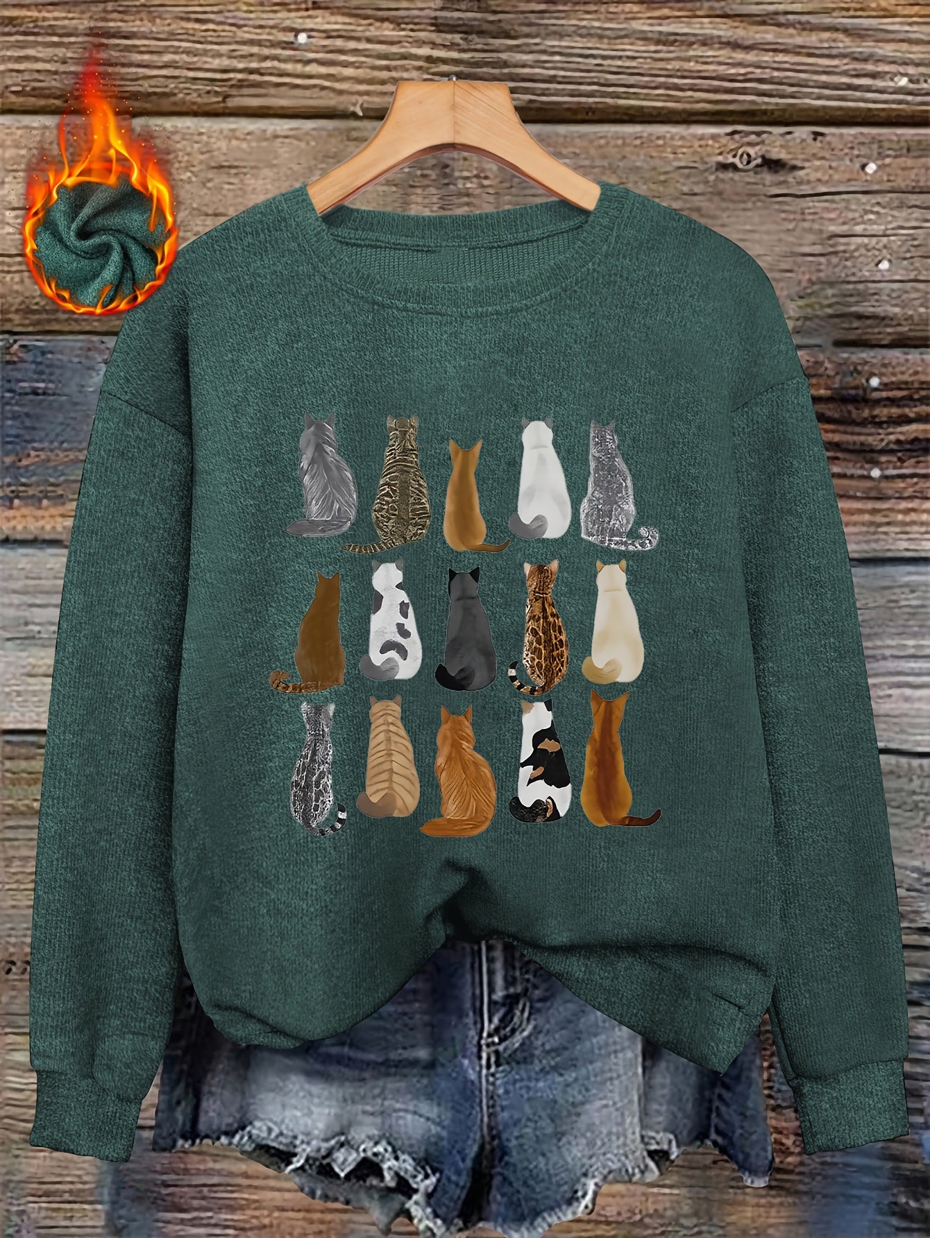 Women'S Print Sweater - Brown & Tabby Design with Tabby Faces, Soft Round Neck Pullover Sweater for Fall/Winter, Cozy Casual Everyday & Formal Outfits, Fall Winter Apparel, Fall Fashion, Animal Print Top, Fall Wardrobe, Styli