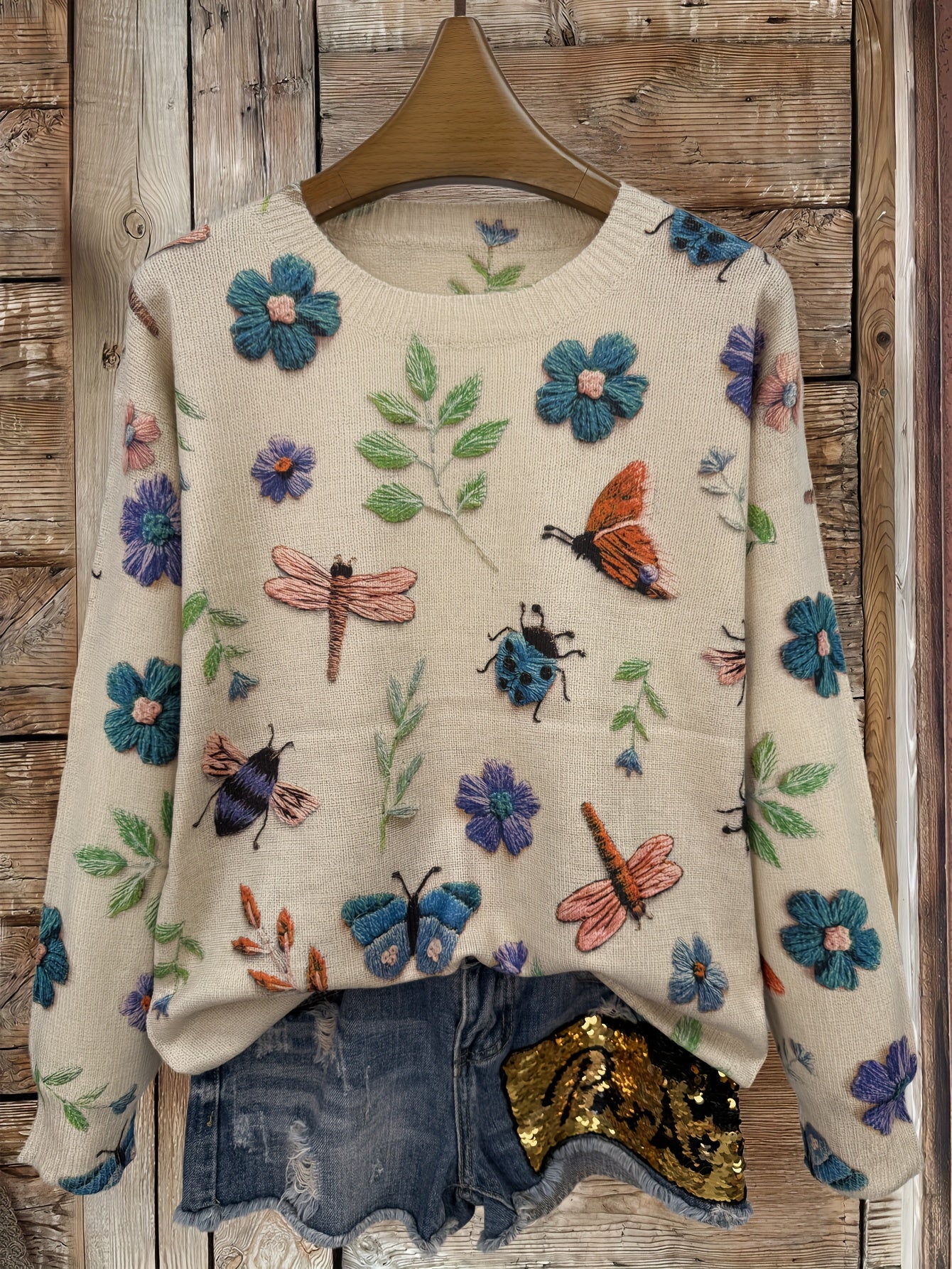 (2d Digital Printing) [All-Over Print] [Lightweight] [Sweater] All-Over Print Insects Printing Lightweight Knit, Casual Crew Neck Long Sleeve Sweater, Women's Clothing