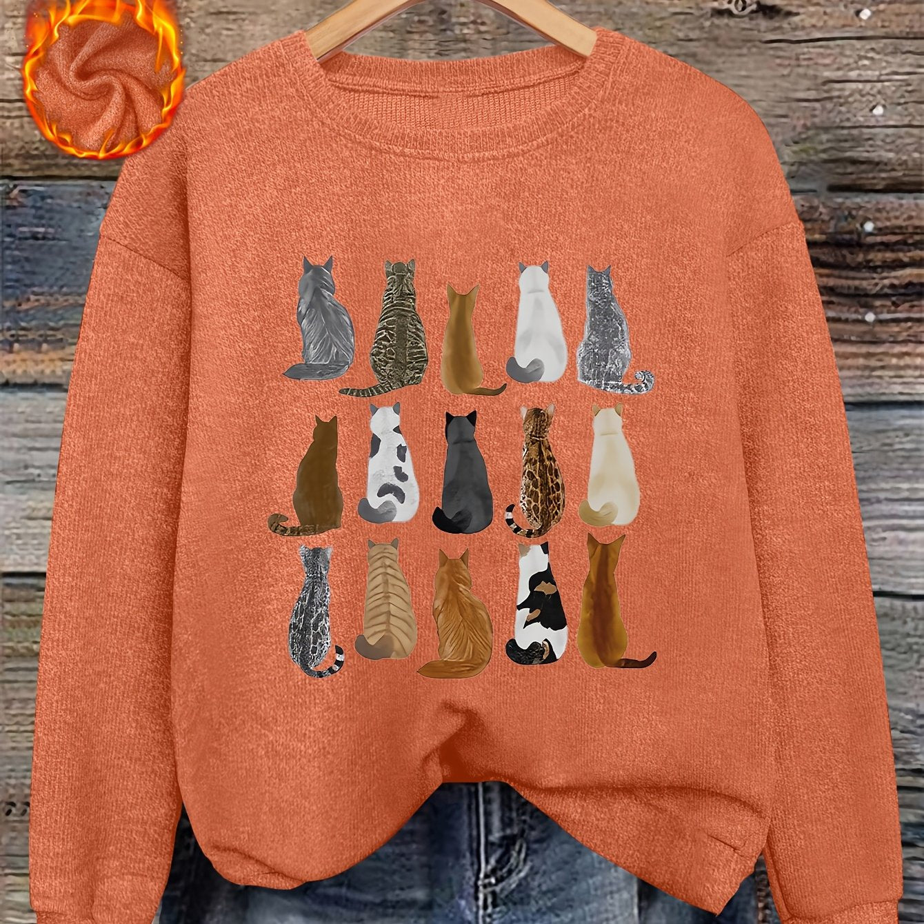 Women'S Print Sweater - Brown & Tabby Design with Tabby Faces, Soft Round Neck Pullover Sweater for Fall/Winter, Cozy Casual Everyday & Formal Outfits, Fall Winter Apparel, Fall Fashion, Animal Print Top, Fall Wardrobe, Styli