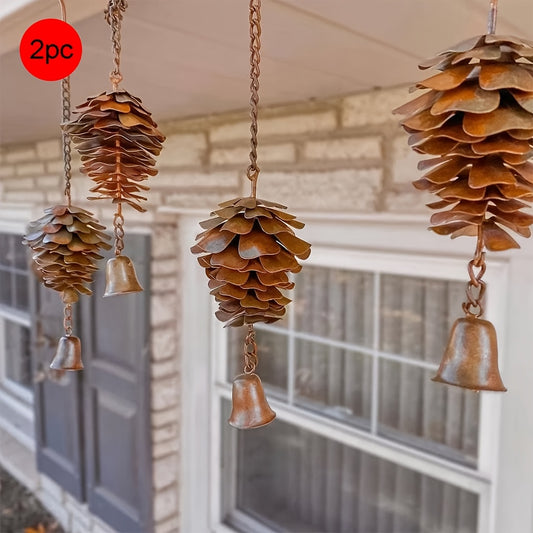 2pc Metal Pine Cone Wind Chime with Bells – Rustic Hanging Outdoor Decoration | Great for Fall and Christmas