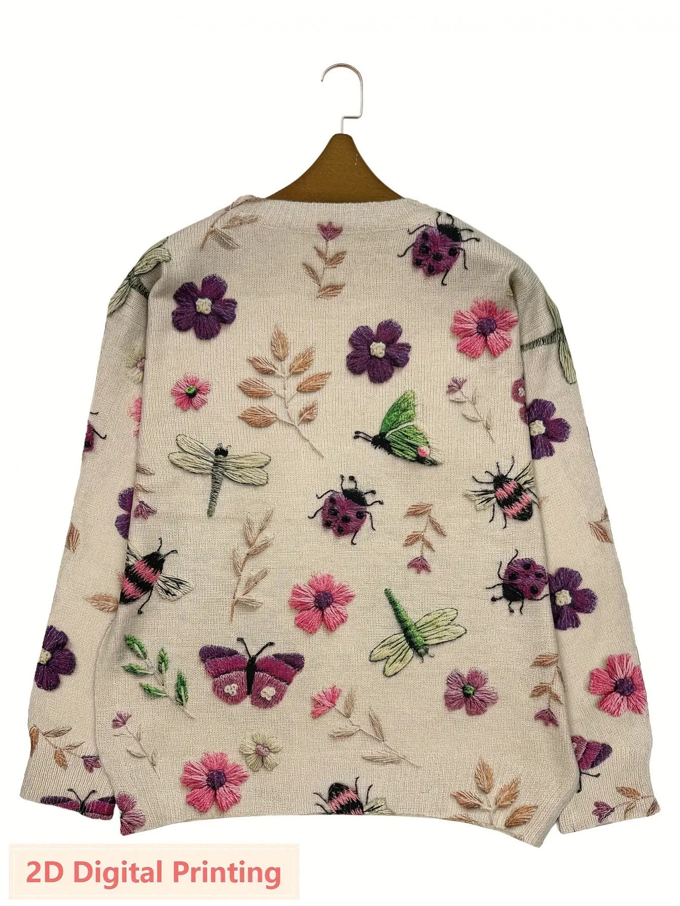 Women's Lightweight All-Over Insect Print Sweater - Ladybug, Bee & Pattern Cardigan with Beige & Tones, Casual Round Neck Long Sleeve Blouse for Spring Summer Fall Layering (No Belt/Hem Adjustments)