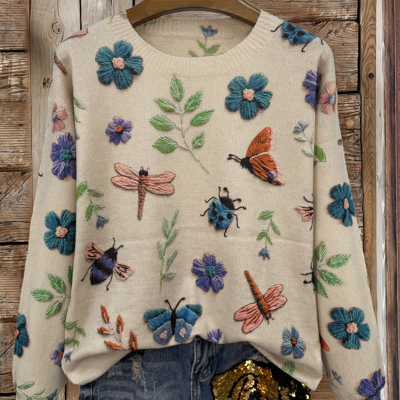 (2d Digital Printing) [All-Over Print] [Lightweight] [Sweater] All-Over Print Insects Printing Lightweight Knit, Casual Crew Neck Long Sleeve Sweater, Women's Clothing