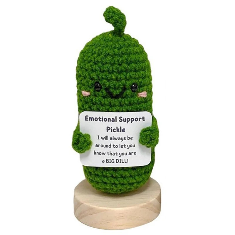 Handmade Emotional Support Pickled Cucumber Gift, Cute Handwoven Ornaments, Handmade Crochet Emotional Support Pickles With Wood