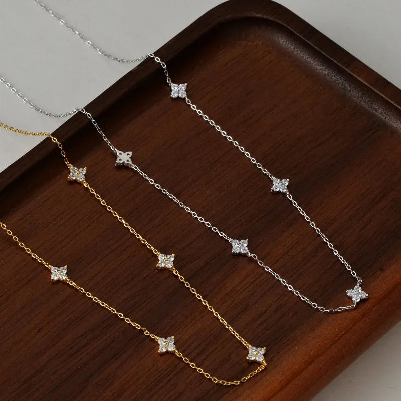 925 Sterling Silver Four-leaf Flower Necklace for Women Girls Luxury Adjustable Link Chain Necklace 18k Gold Jewelry Party Gifts