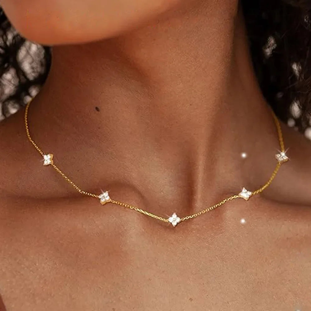925 Sterling Silver Four-leaf Flower Necklace for Women Girls Luxury Adjustable Link Chain Necklace 18k Gold Jewelry Party Gifts
