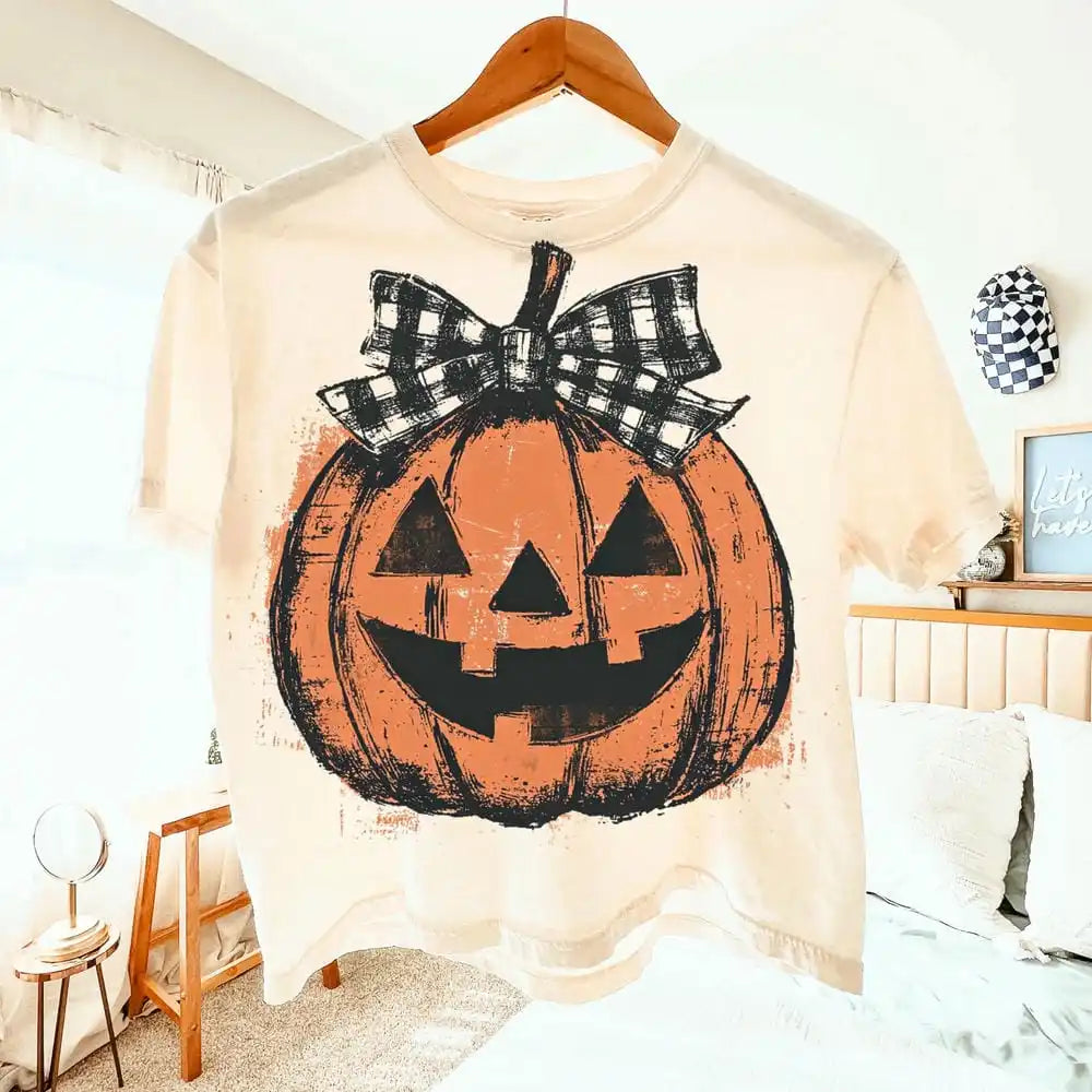 Women Long Sleeve Vintage Preppy Fall Pumpkin Sweatshirt Girly Autumn Checkered Halloween Fantasy Y2K Unisex Top Streetwear