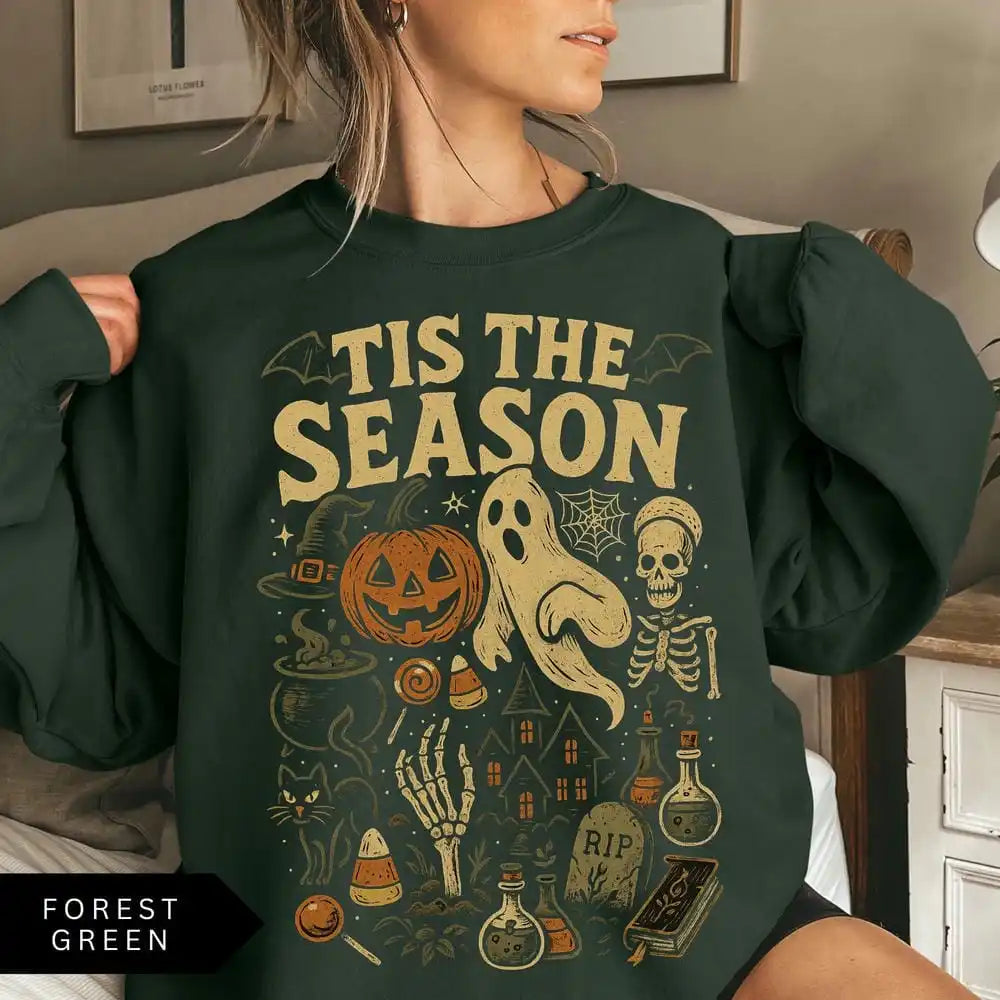 Retro Halloween Sweatshirt Tis' the Season Vintage Halloween Aesthetic Pumpkin Ghost Fleece Sweatshirt Y2K Unisex Streetwear