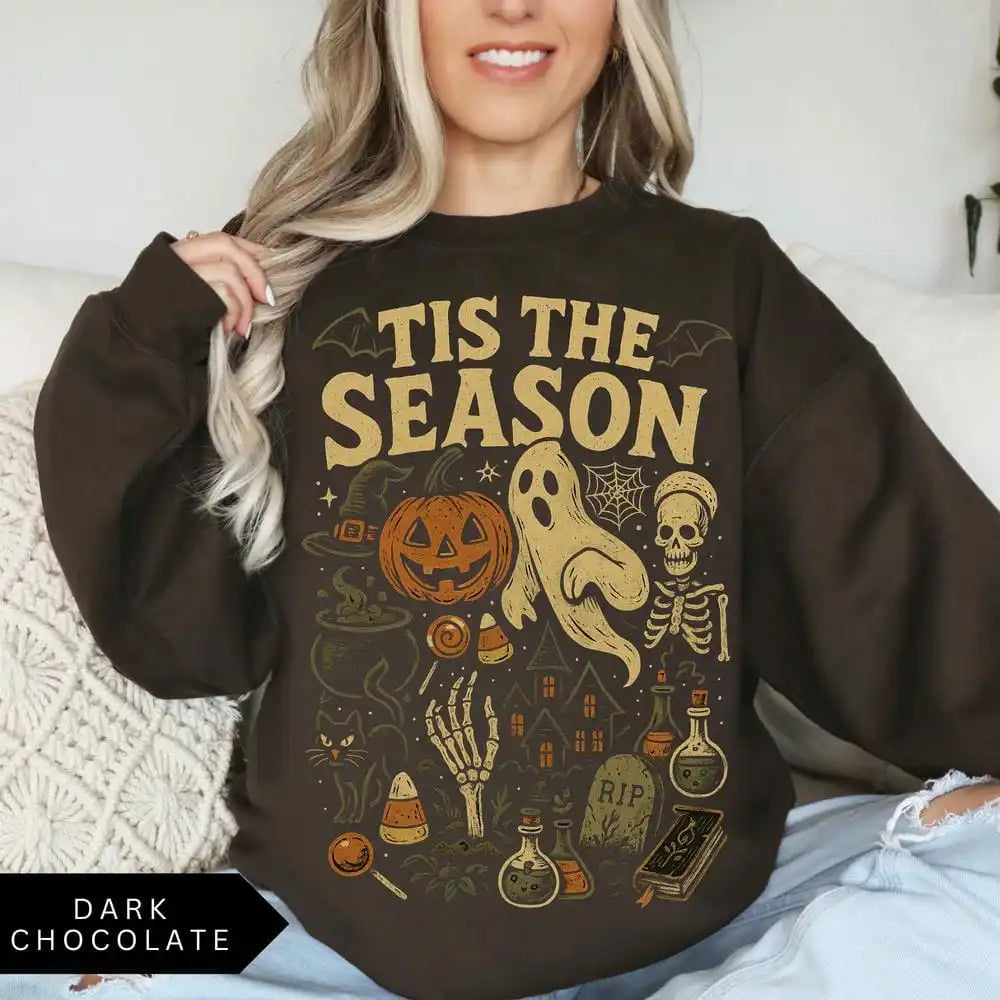 Retro Halloween Sweatshirt Tis' the Season Vintage Halloween Aesthetic Pumpkin Ghost Fleece Sweatshirt Y2K Unisex Streetwear